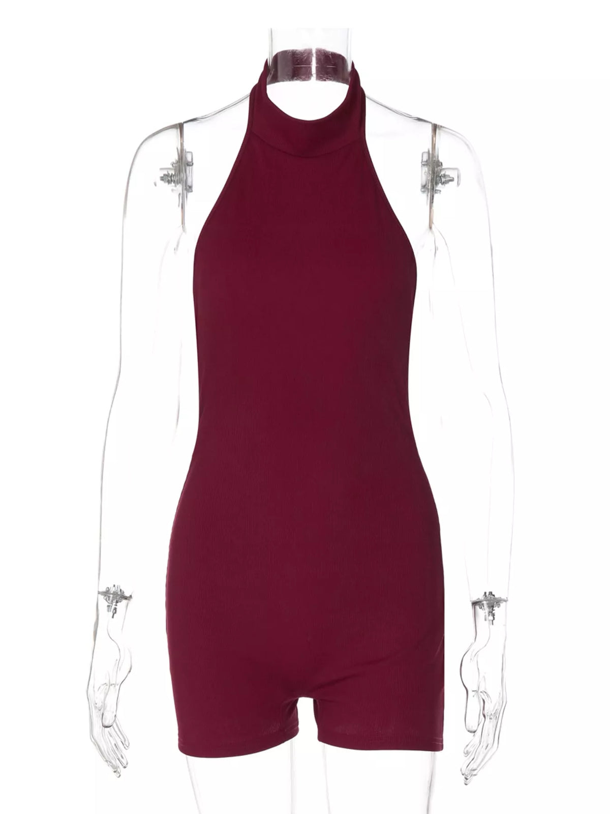 Backless Halter Neck Romper in burgundy