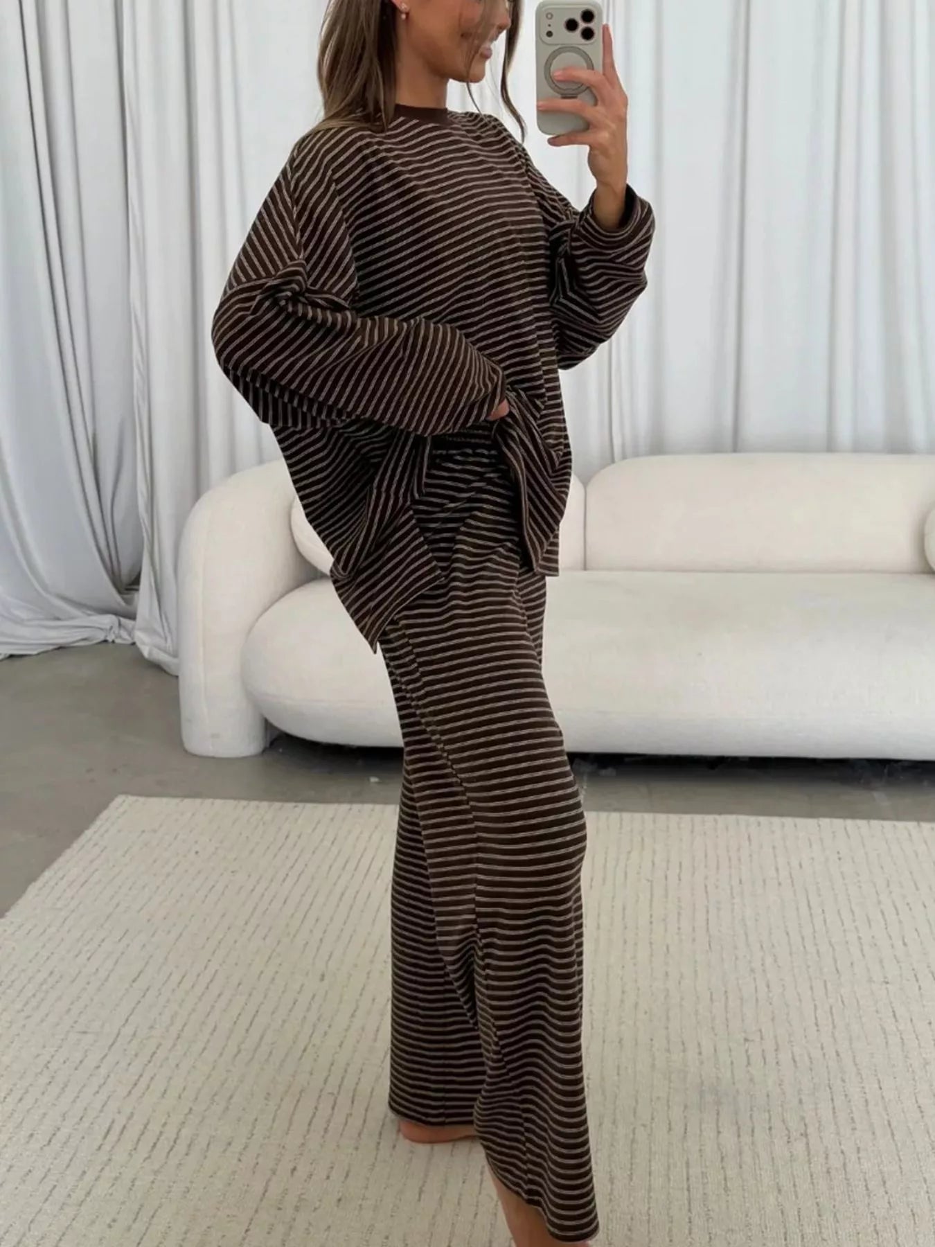 Trendsi Striped Long Sleeve Top and Wide Leg Pants Set -