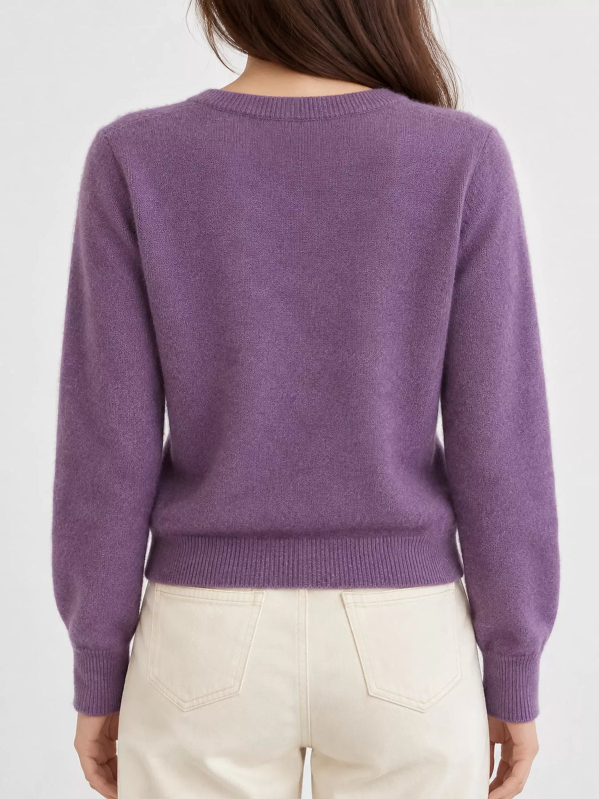 Women's Crew Neck Button-Down Knit Cardigan in purple — back view