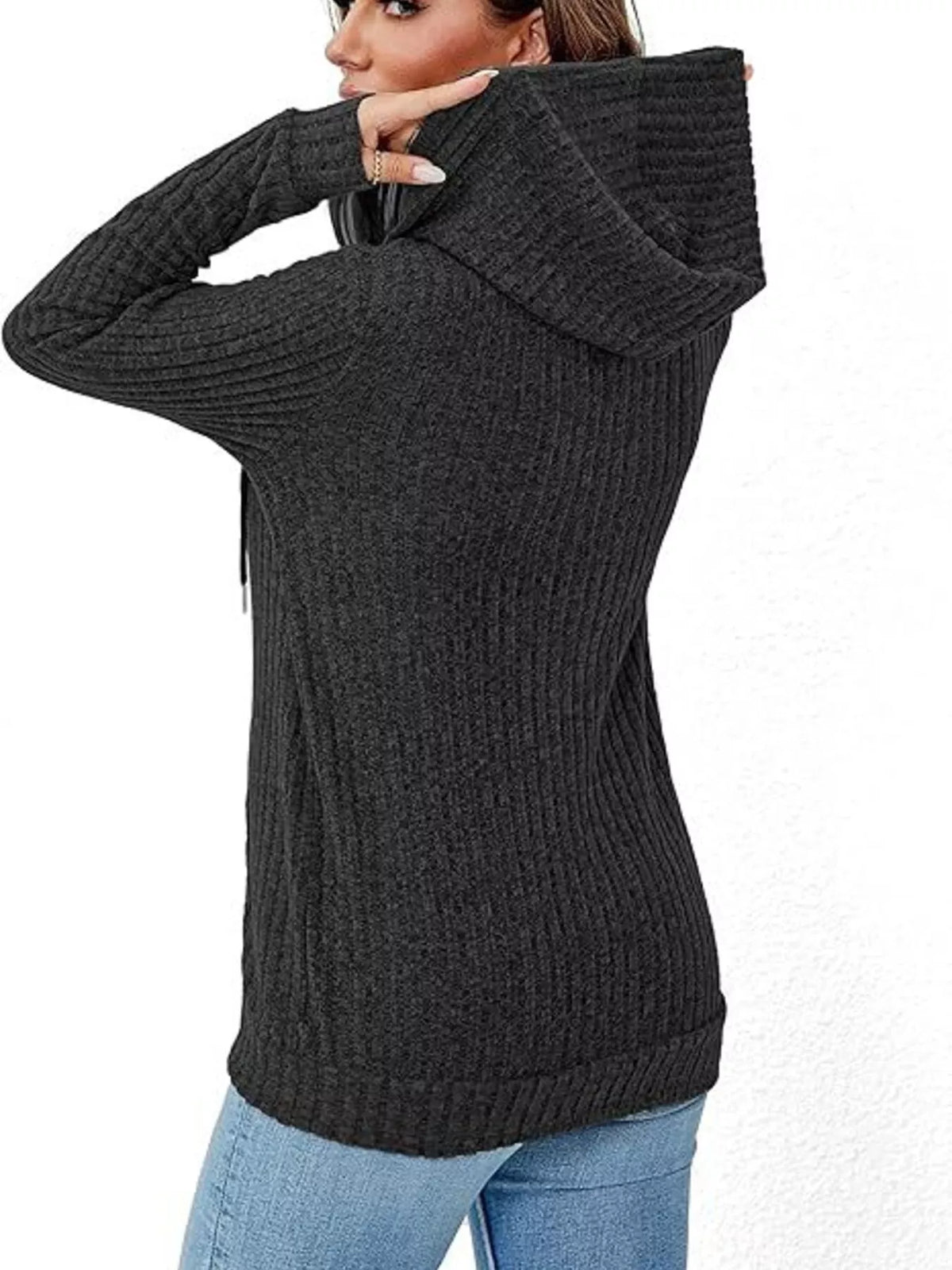 Charcoal ribbed knit zip-up hooded cardigan, back view