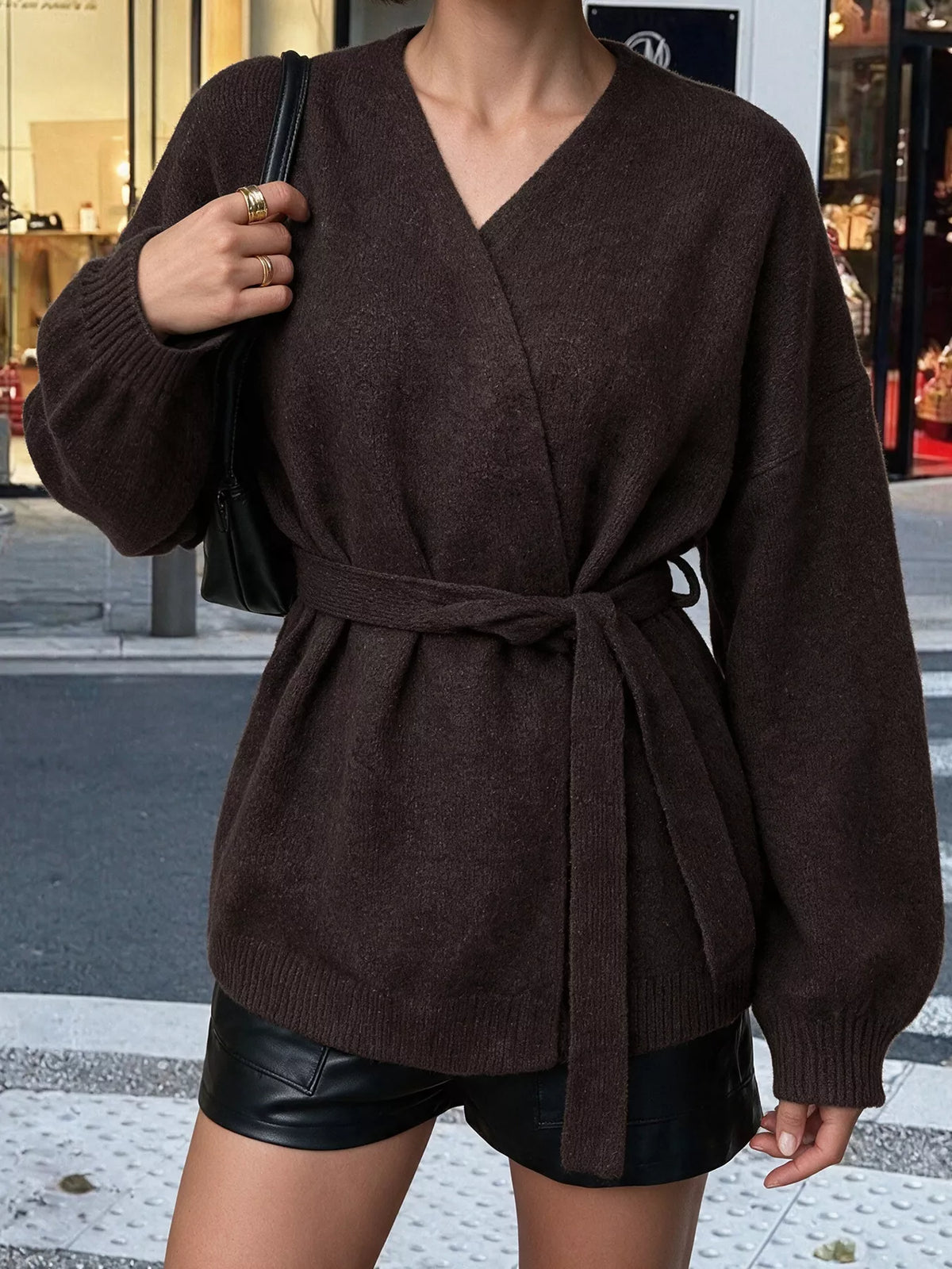 Tie waist dropped shoulder wrap cardigan