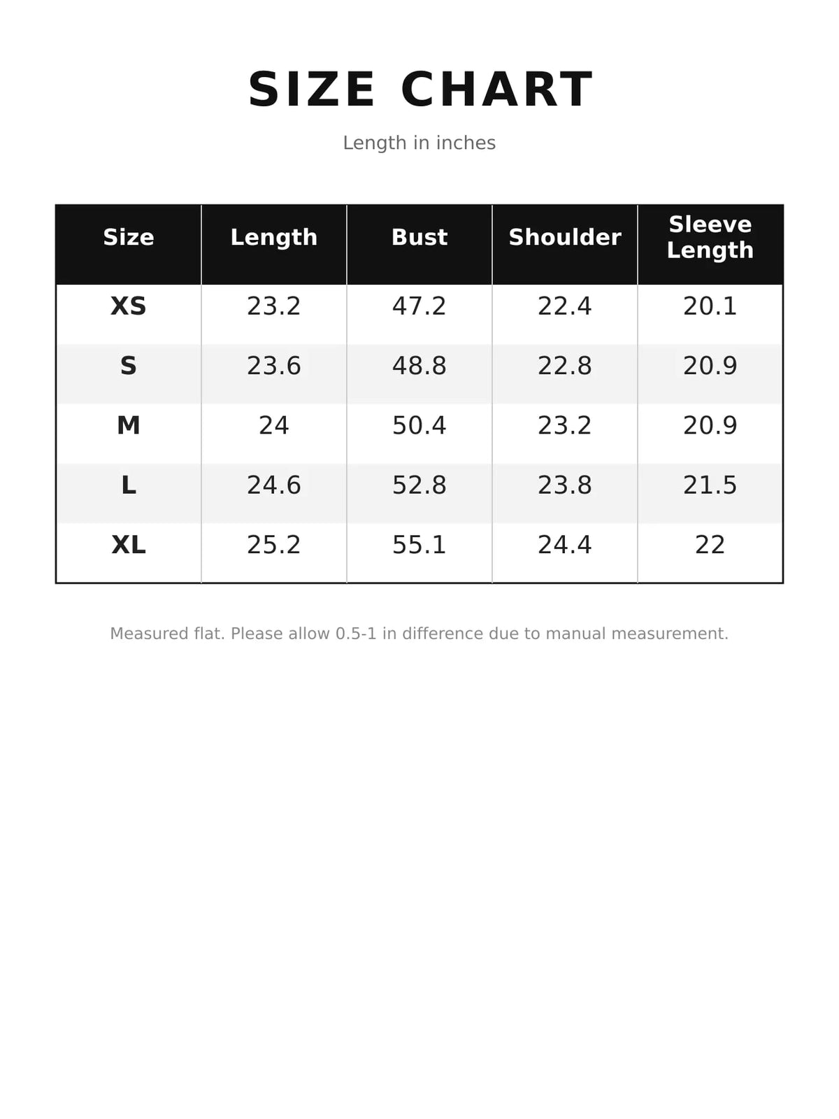 Contrast Trim Zip-Up Sherpa Jacket — size and measurement chart