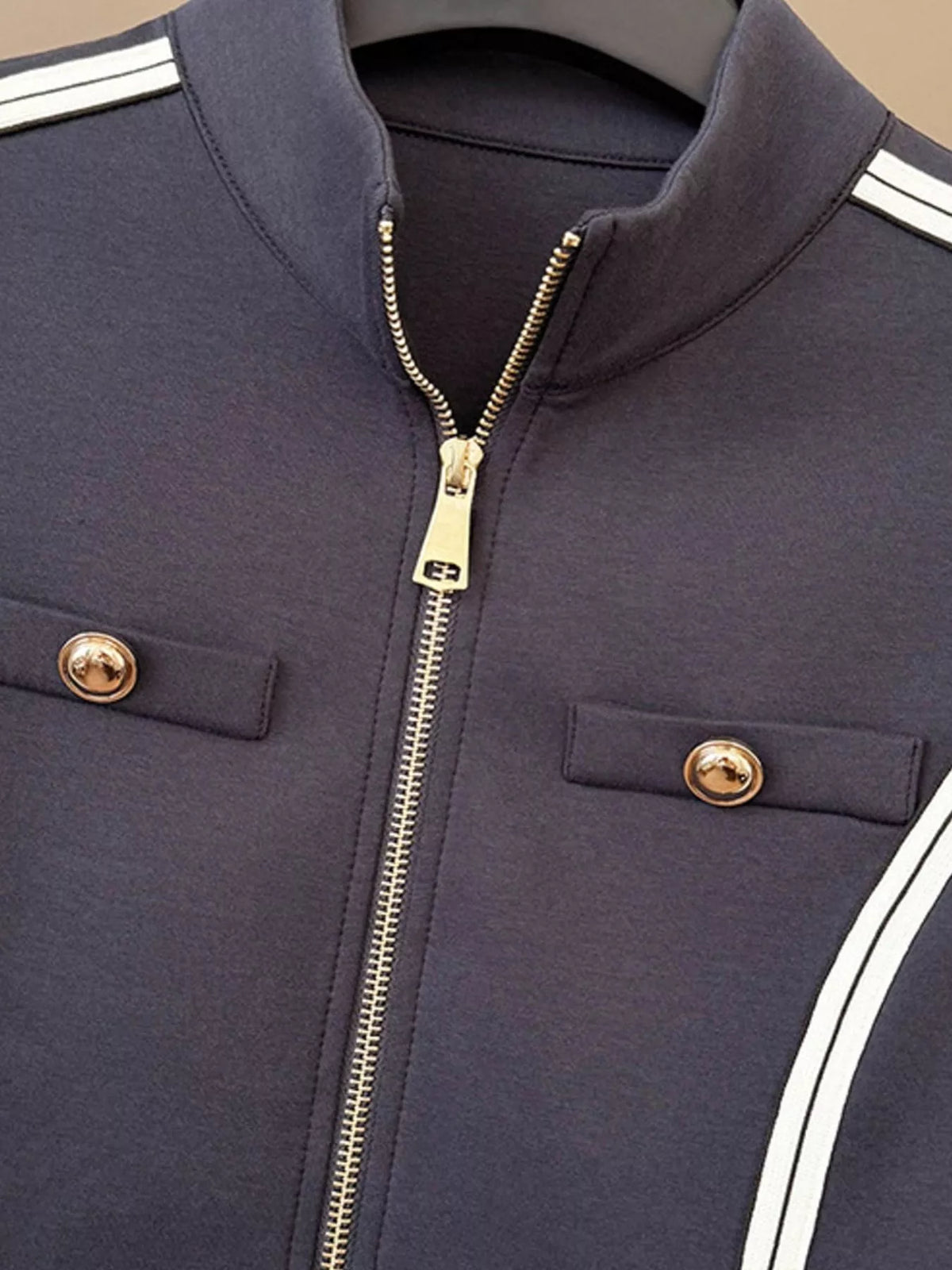 Zip-Up Jacket and Wide-Leg Pants Set, detail view in navy blue