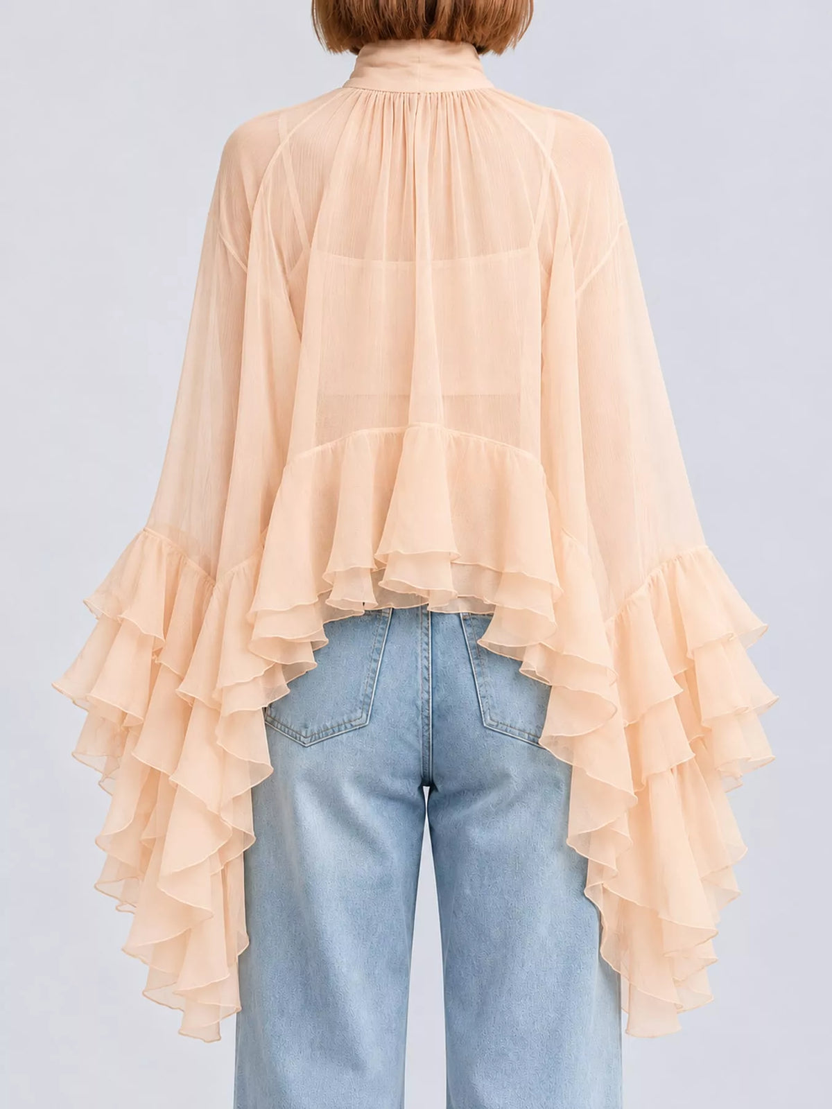 Nude Pink ruffled turtleneck long sleeve blouse, back view