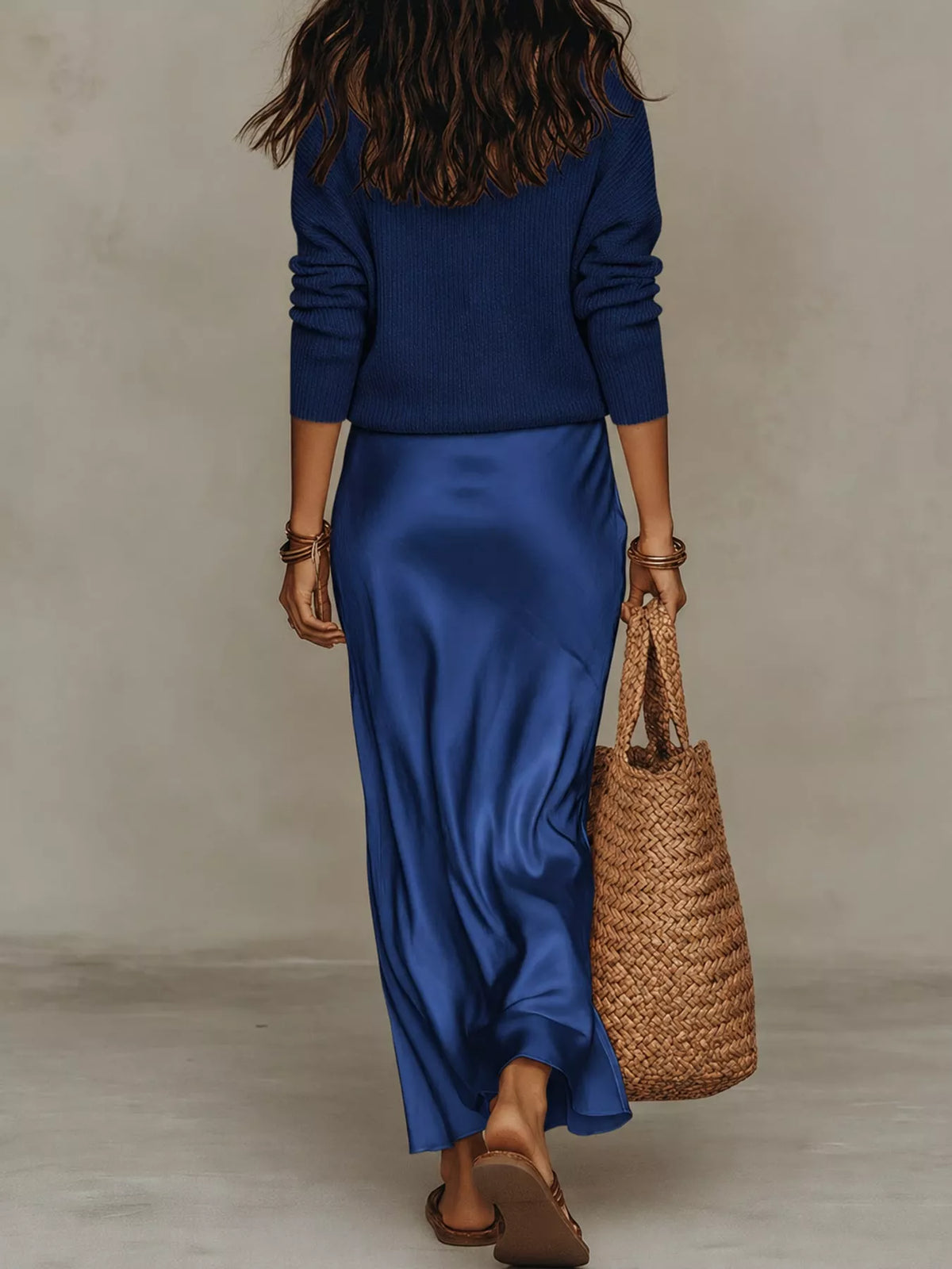 Dark Blue-Set v-neck top and satin midi skirt set, back view