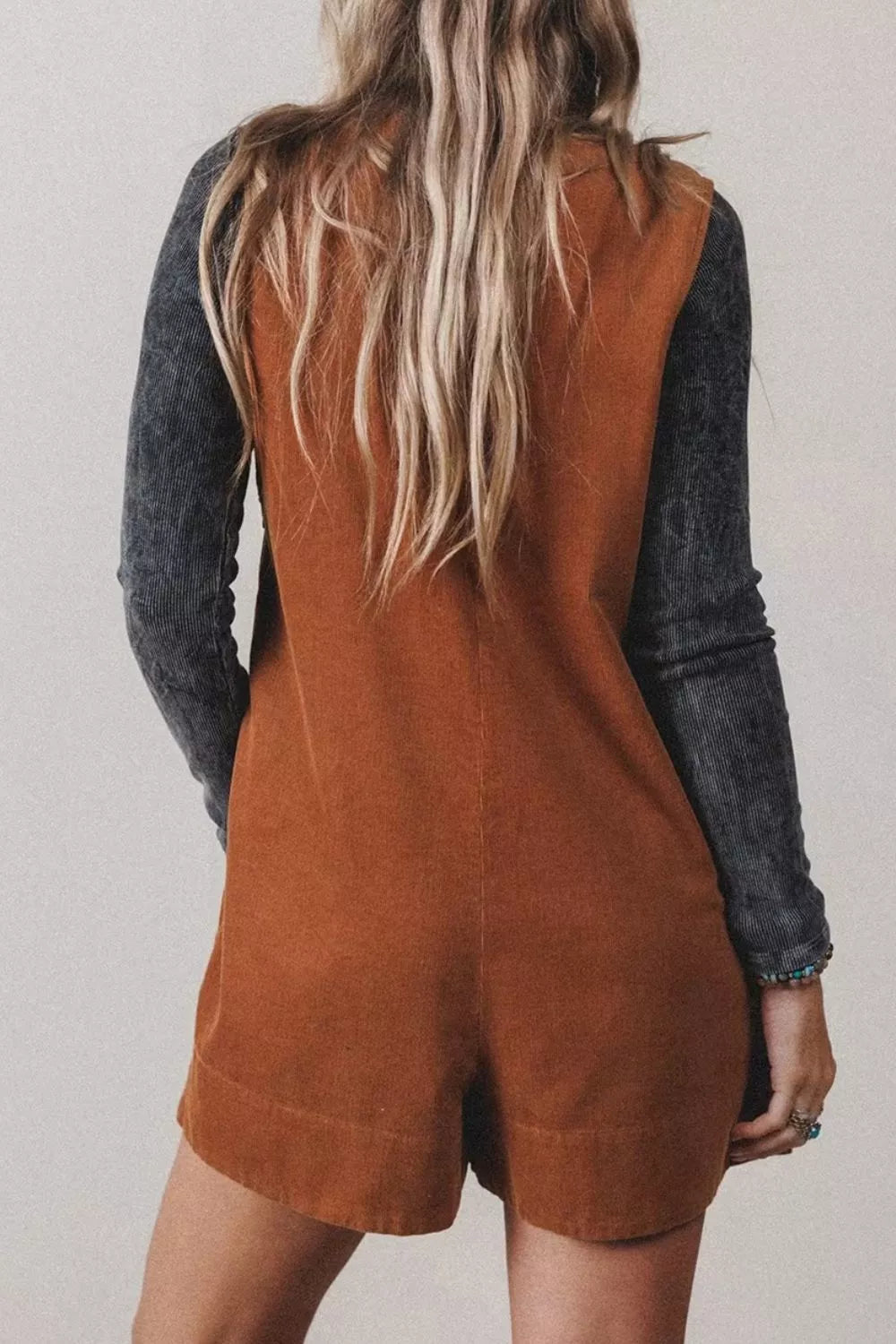 Rust brown corduroy romper, back view