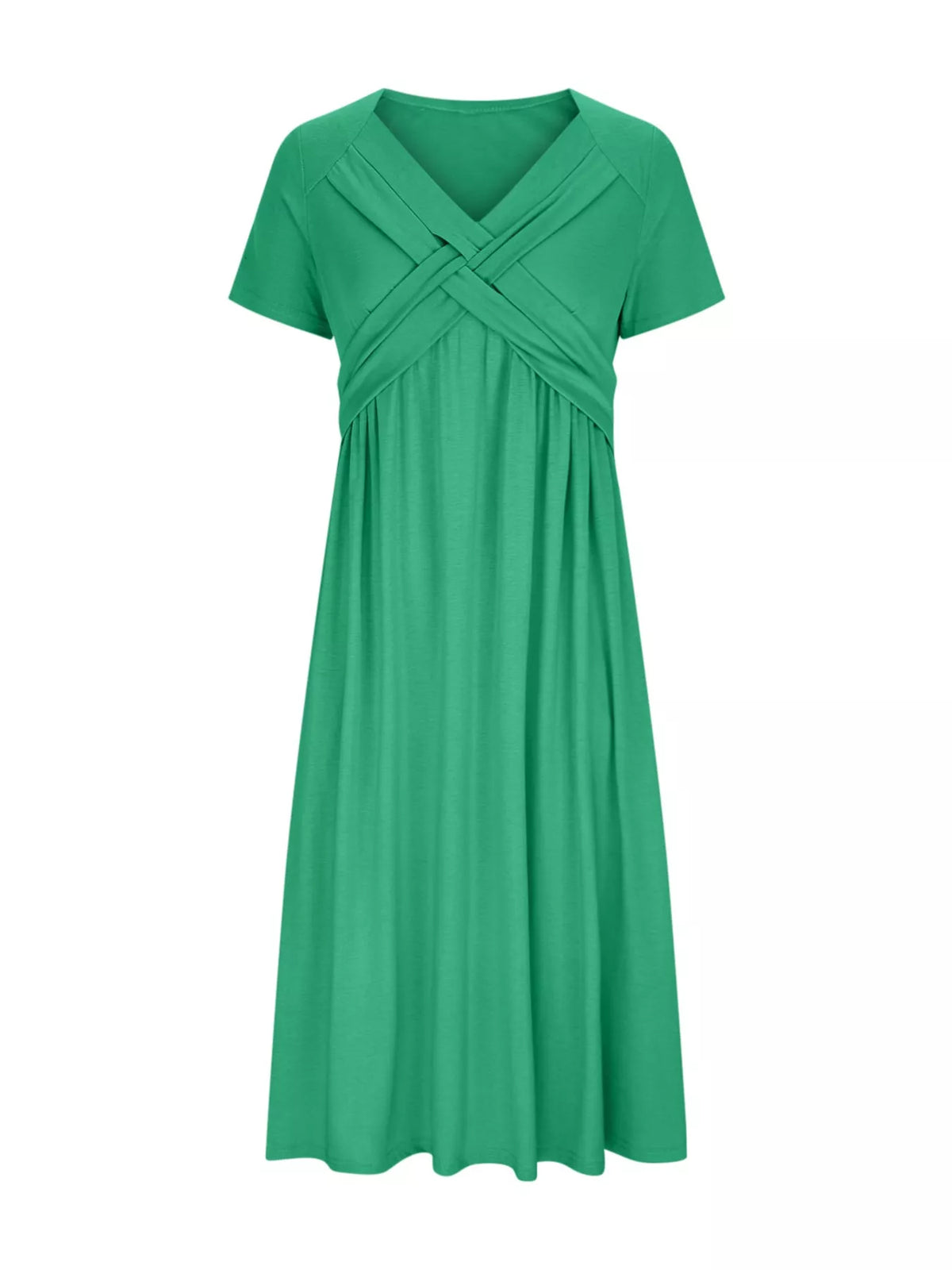 Green crisscross short sleeve midi dress, front view
