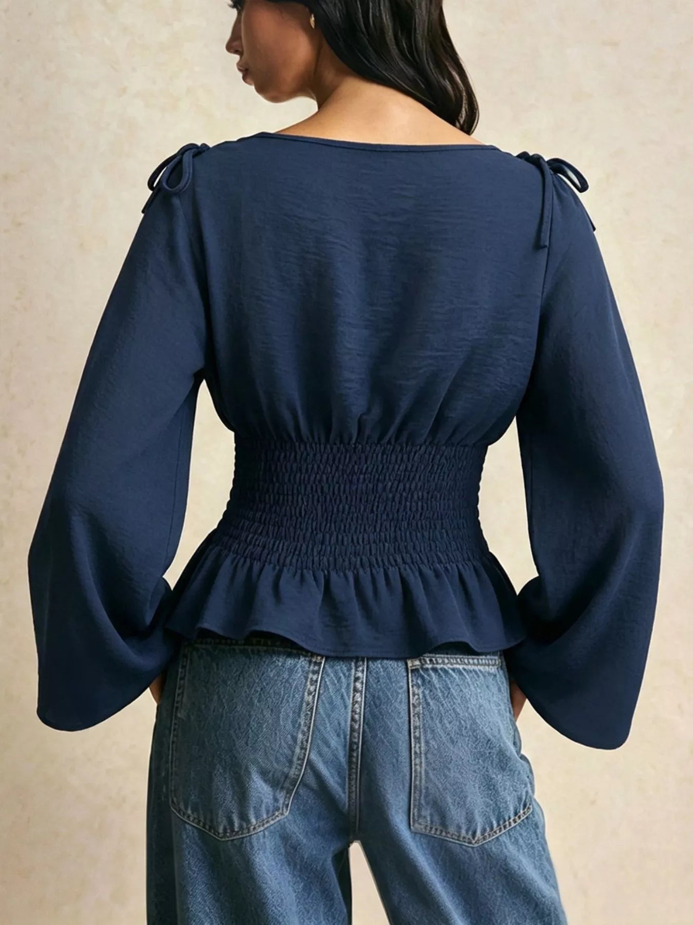 Trendsi Smocked Waist Flare Sleeve Blouse -