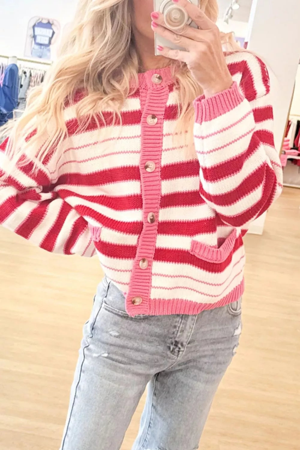 Trendsi Stripe V Neck Long Sleeve Regular Fit Cardigan -
