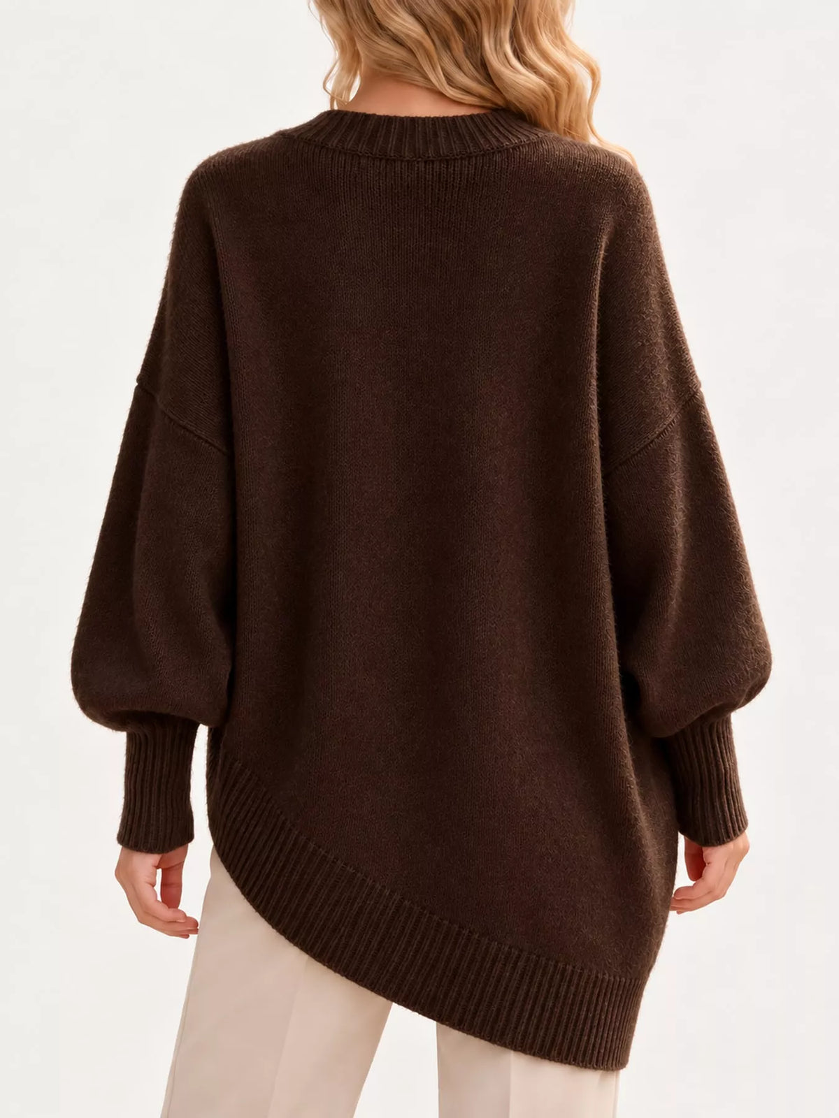 Ribbed Knit Dropped Shoulder Sweater, back view in brown