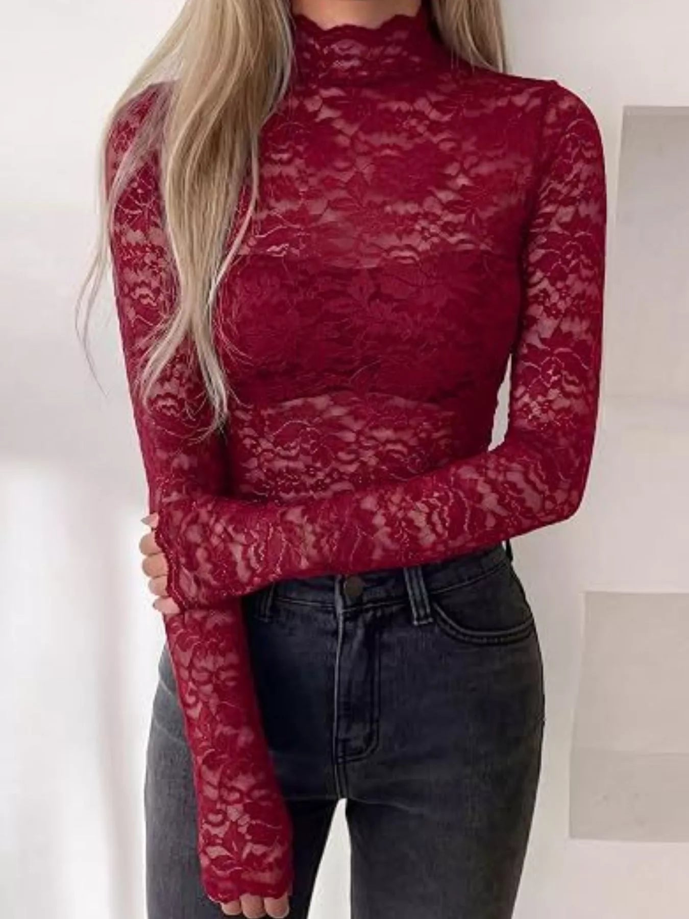 Trendsi Lace Mock Neck Long Sleeve Top -