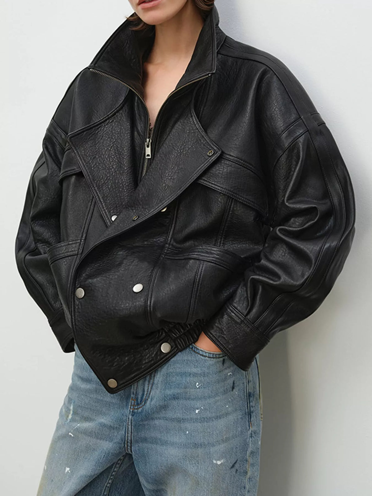 Snap Down Leather Jacket in black, front view