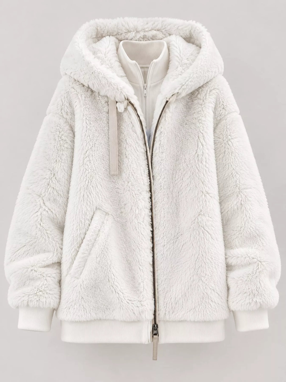 White faux fur zip up hooded jacket, front view