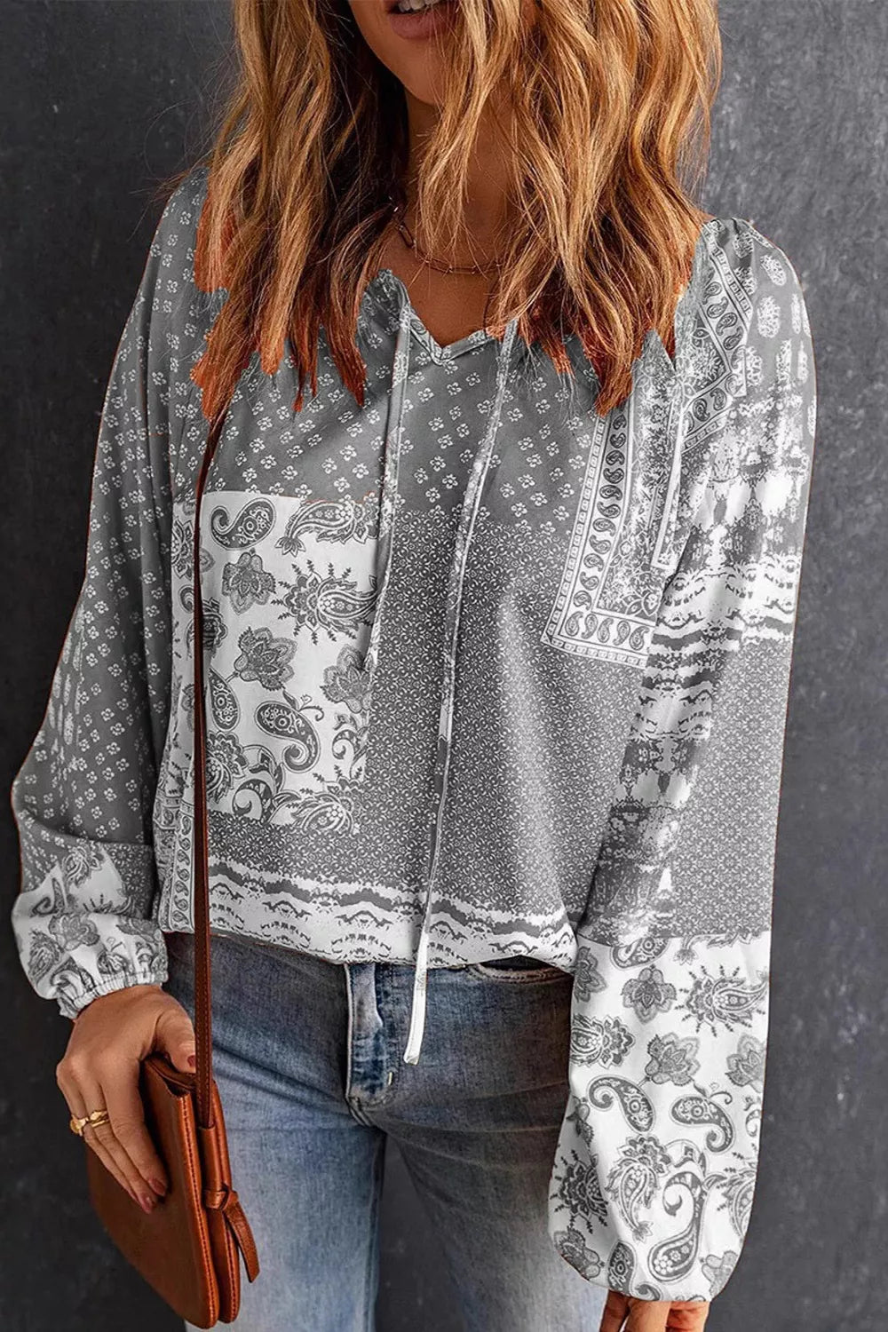 Trendsi Full Size Paisley Print Tie-Neck Long Sleeve Blouse Plus Size -