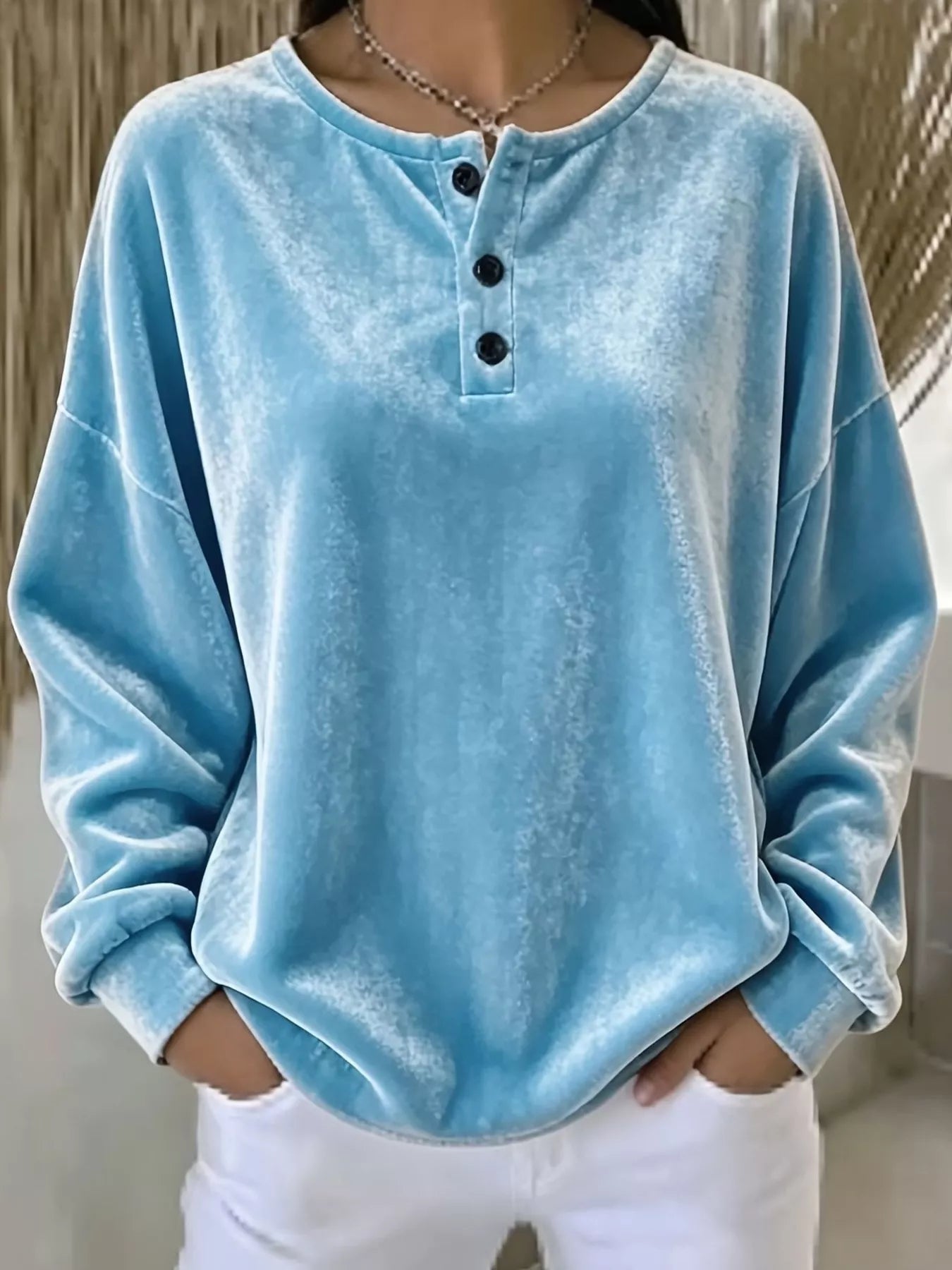 Trendsi Velvet Henley Top with Button Detail - Shirts