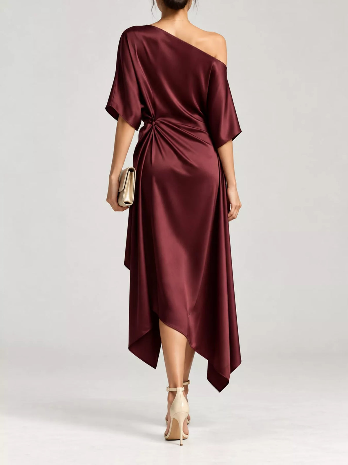 One-shoulder dress, burgundy back