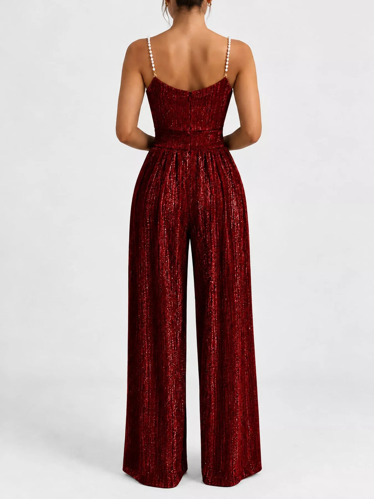 Metallic Wide-Leg Jumpsuit with Pearl Strap Detail, back view in burgundy