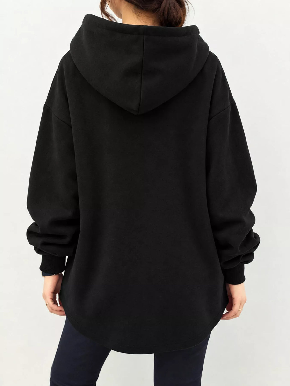 Black drawstring hoodie, back view