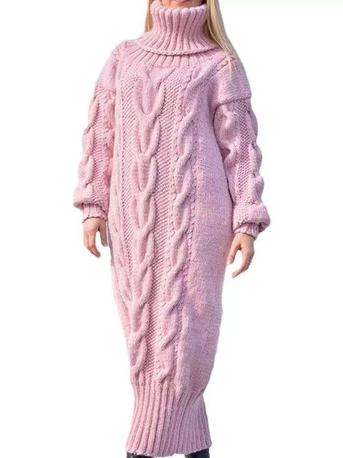 Pink oversized cable knit turtleneck sweater dress
