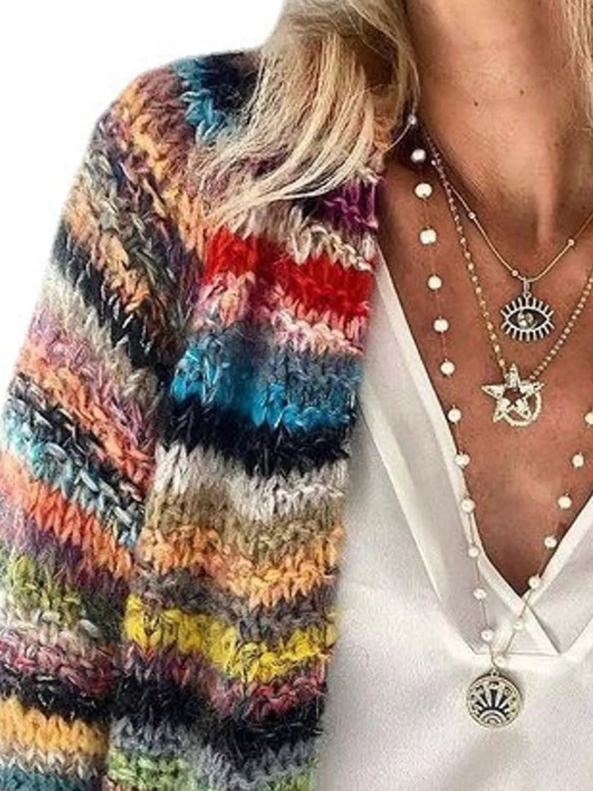 Striped cardigan, multicolor knit detail
