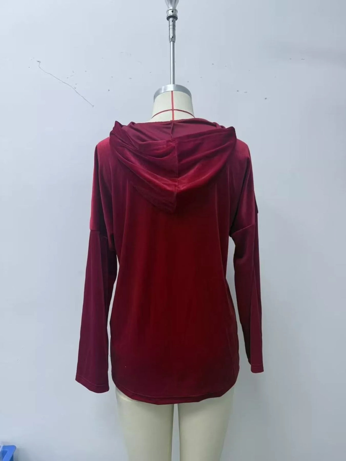 Women's Velvet Front Pockets Hoodie in Burgundy, alternate view