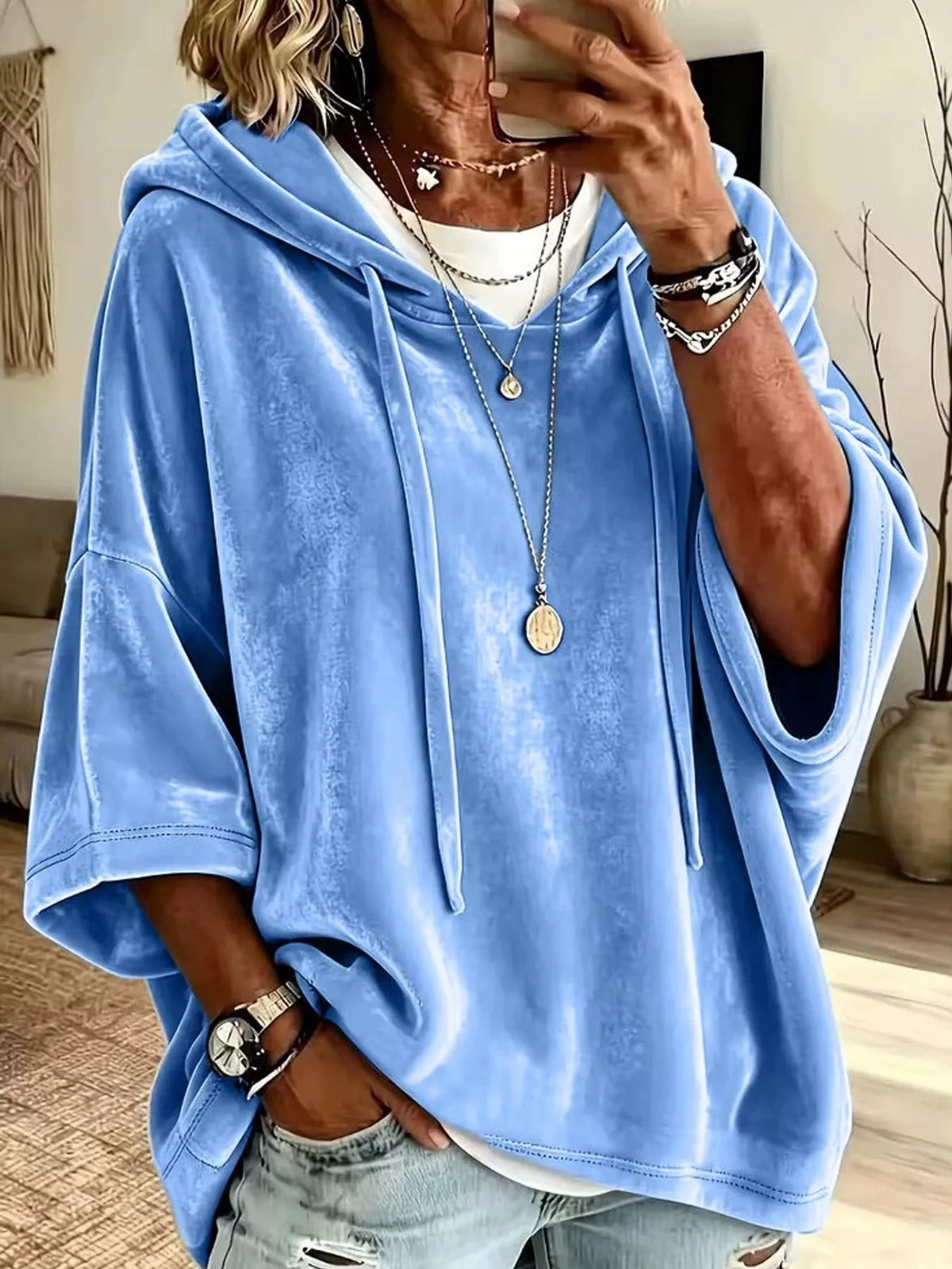 Velvet Hoodie in blue, front view