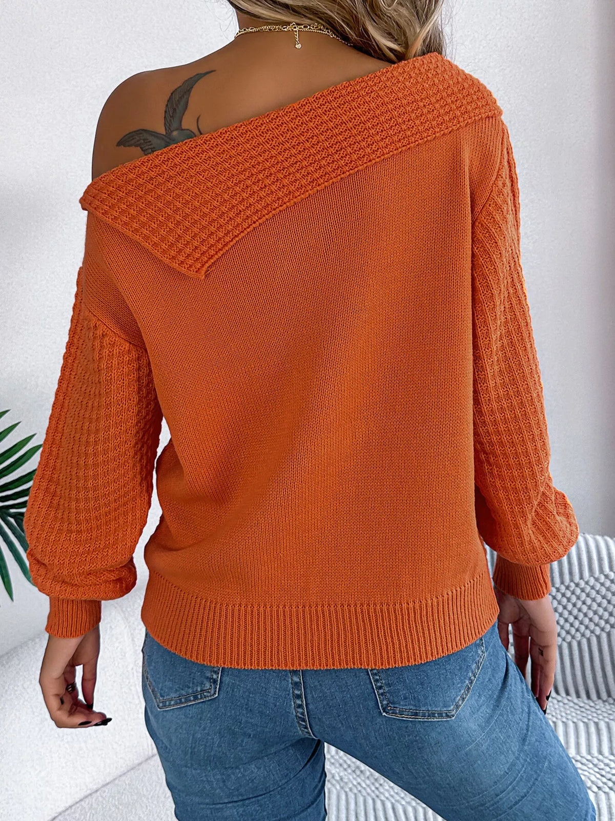One Shoulder Cable Knit Sweater in orange, back view