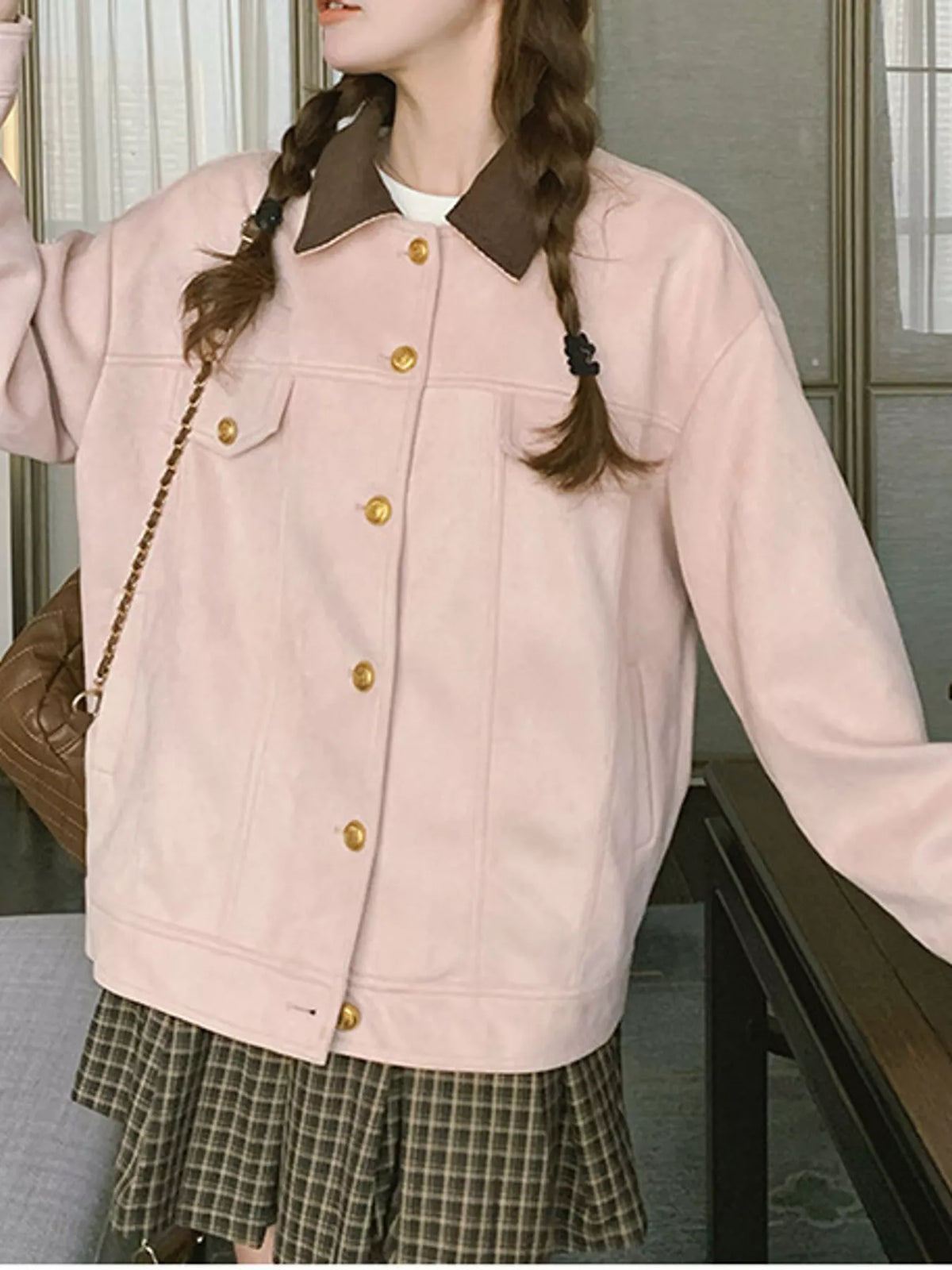 Pink-5496-Lined button up dropped shoulder jacket