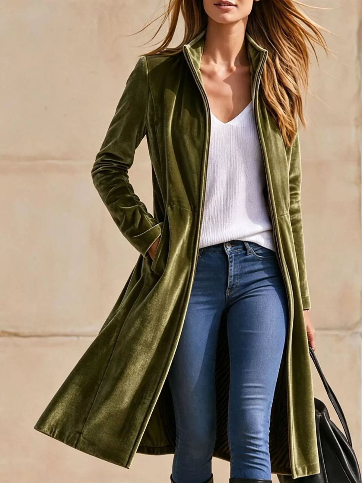 Olive Green velvet zip-up longline jacket