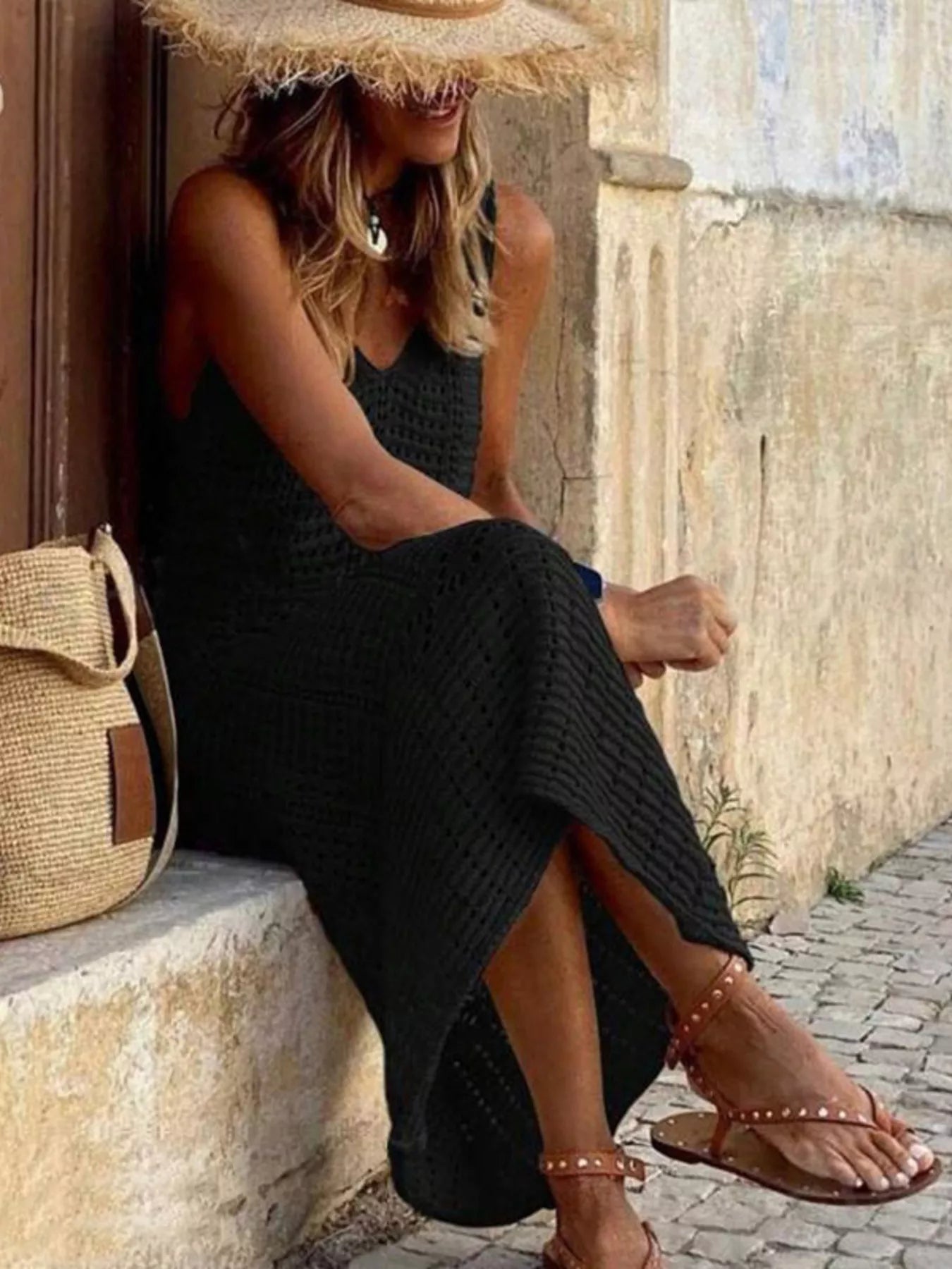 Trendsi Sleeveless Crochet Knit Cover Up Maxi Dress -