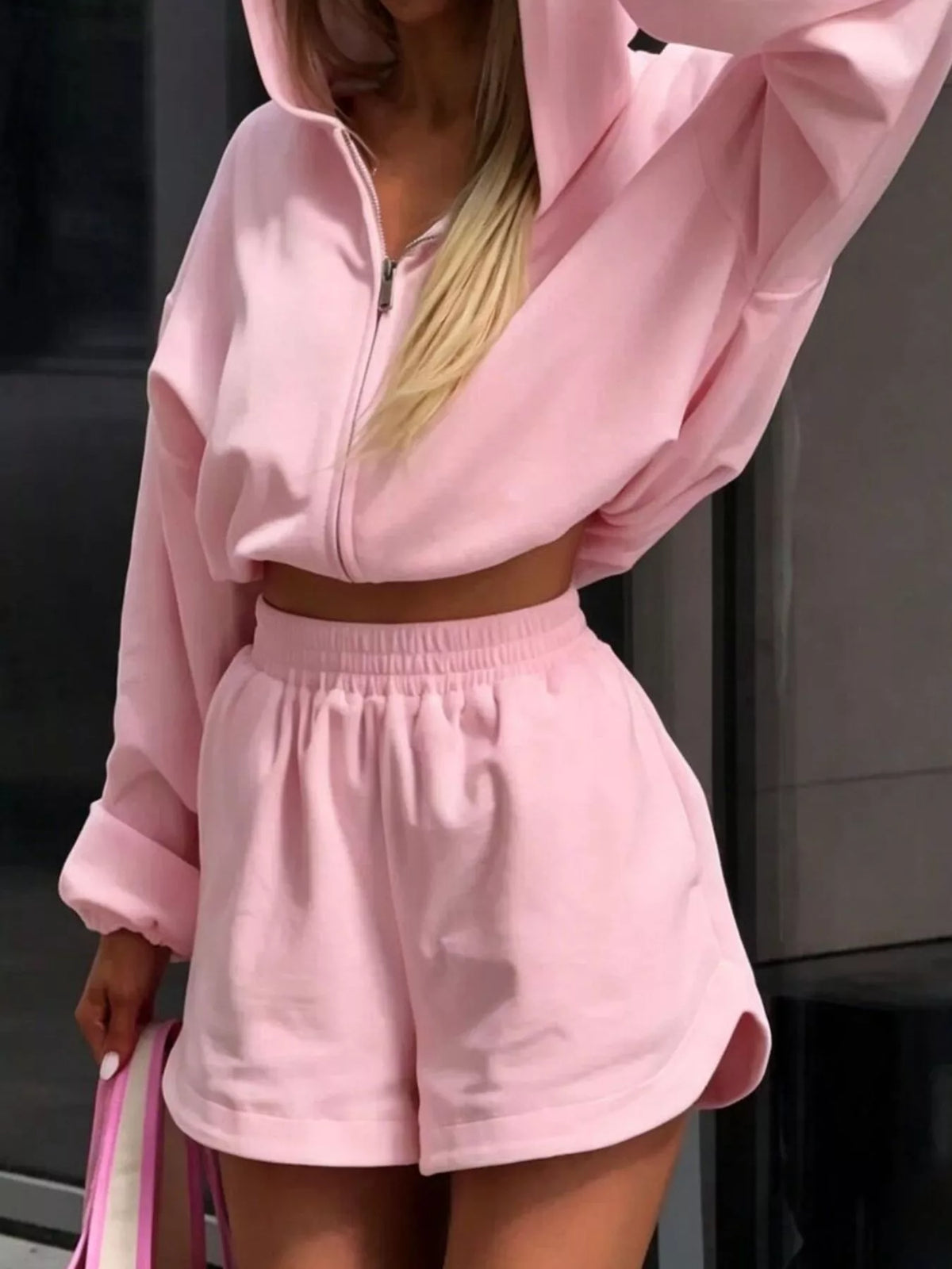 Trendsi Zip Up Crop Hoodie and Shorts Set -