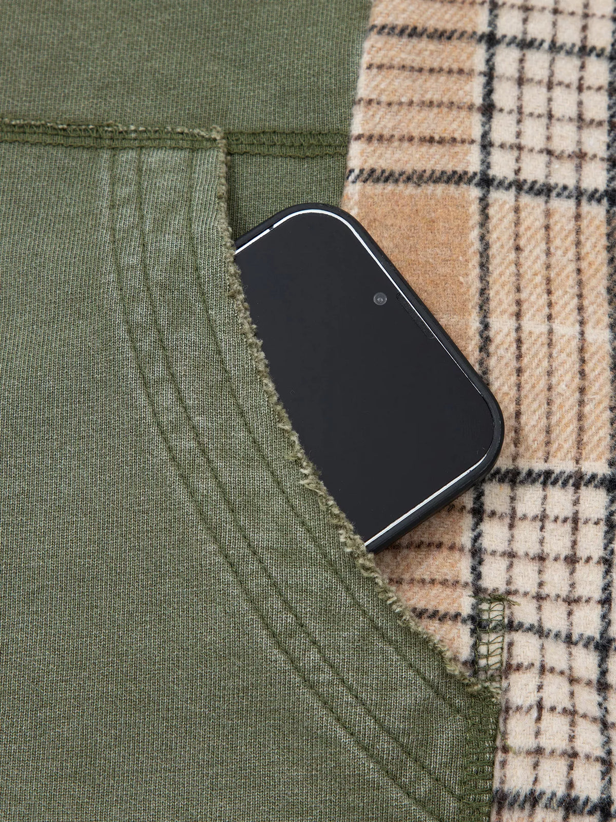 Plaid-sleeve hoodie, olive kangaroo pocket