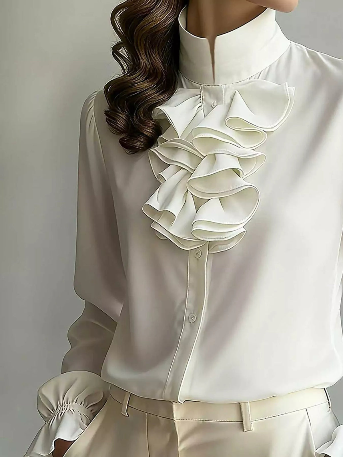 Ruffled Stand-Collar Blouse with Long Lantern Sleeves, front view