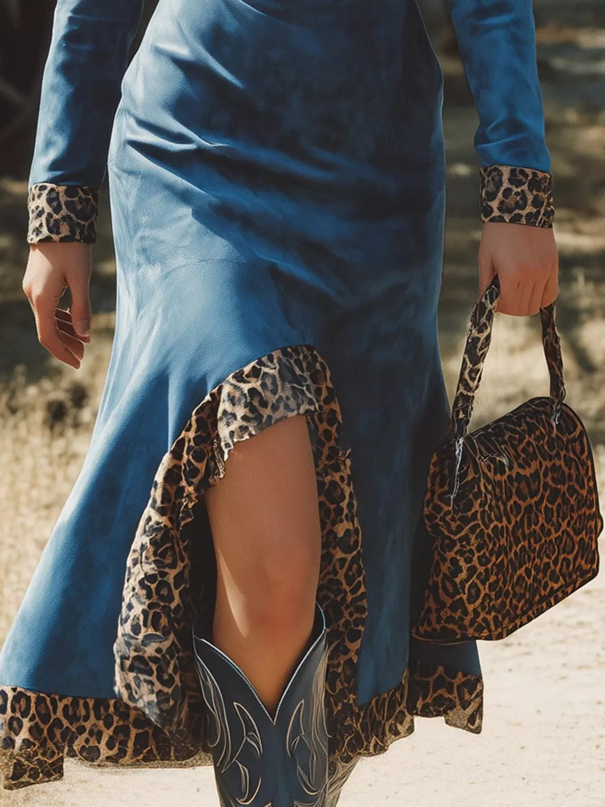 Trendsi Leopard Trim Long Sleeve Dress -