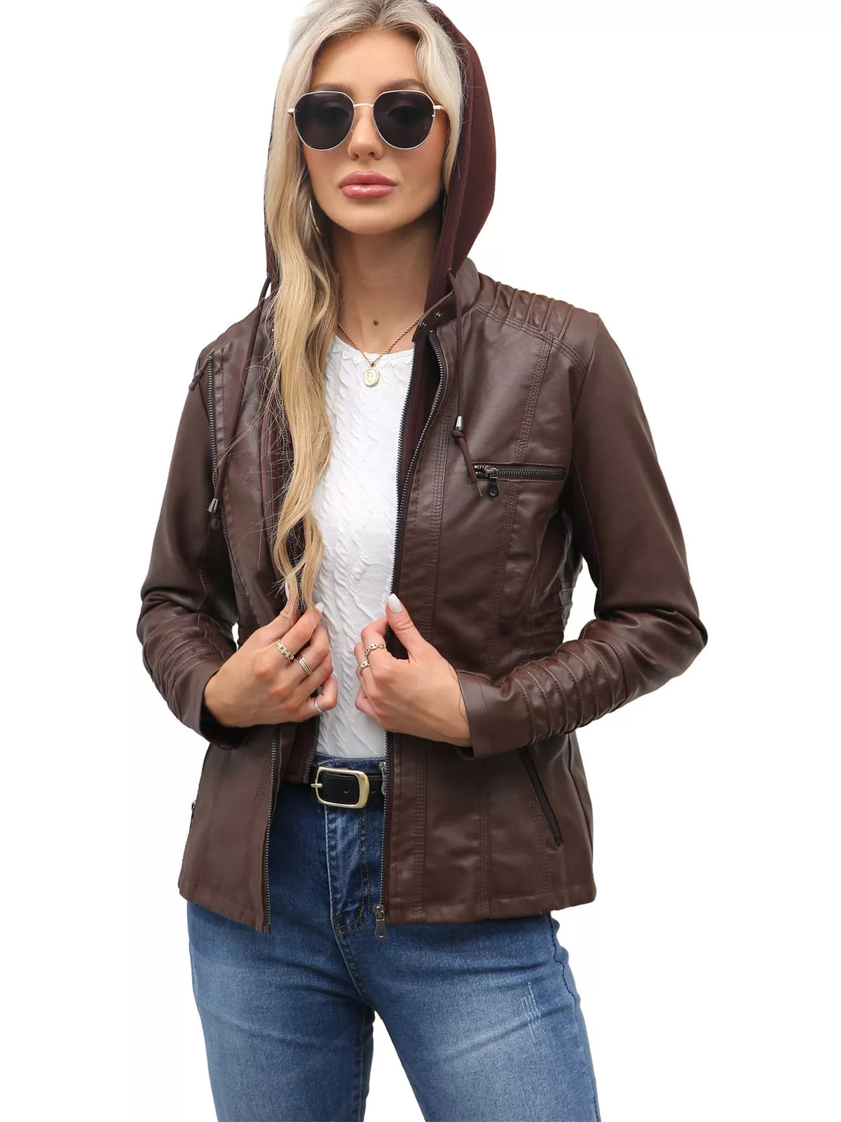 Hooded faux-leather jacket, brown open front
