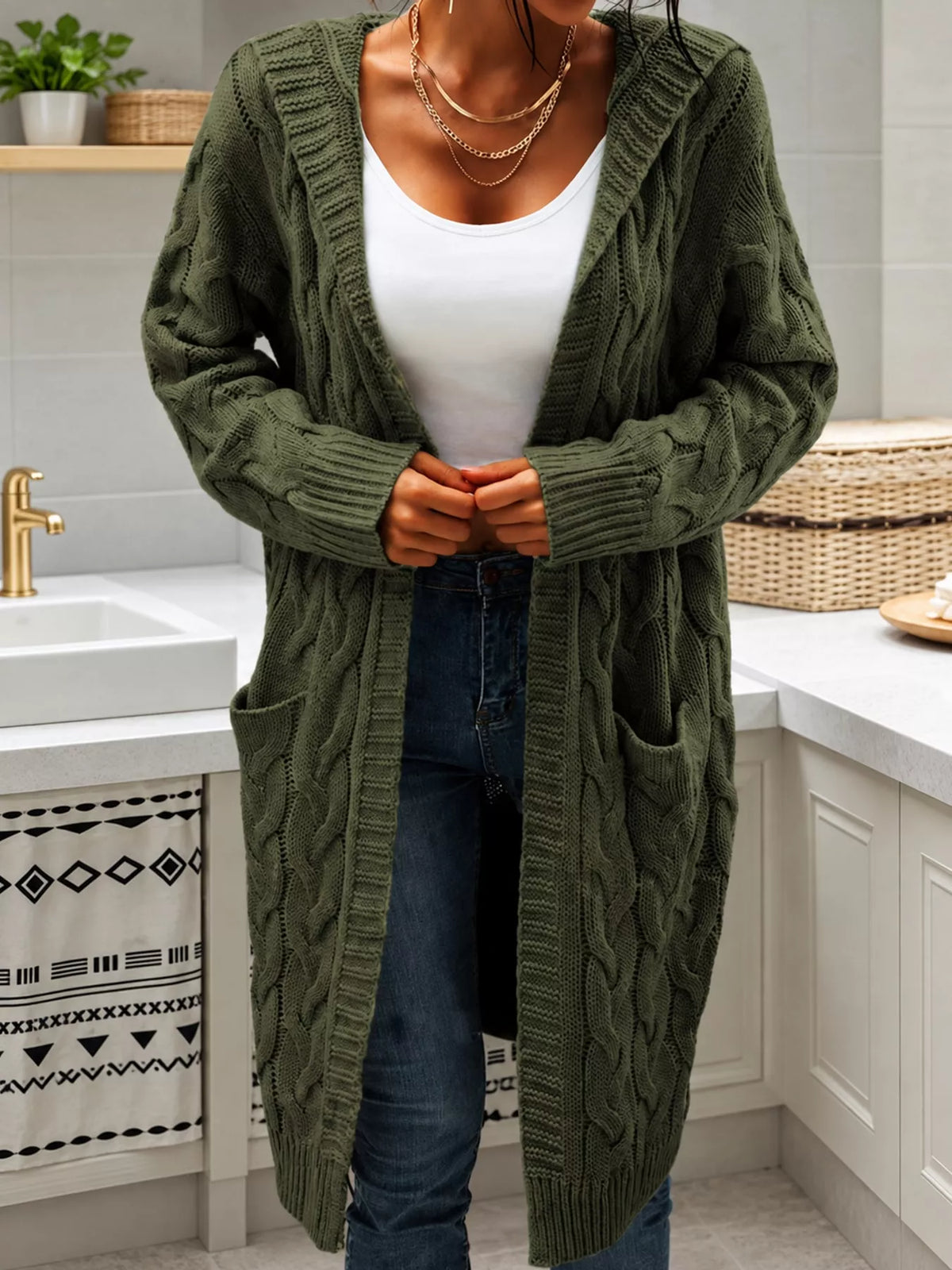 Hooded Cable Knit Longline Cardigan in army green