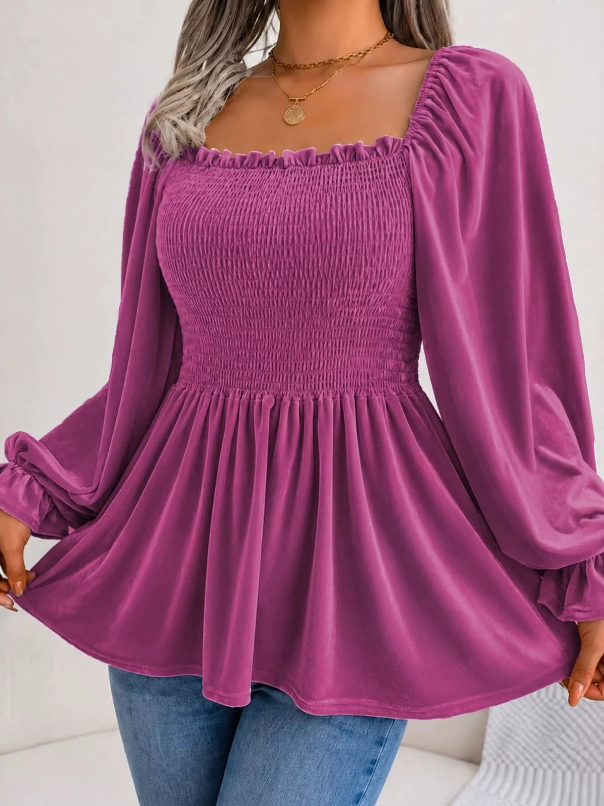 Women's Velvet Smocked Peplum Blouse in Mauve, front view