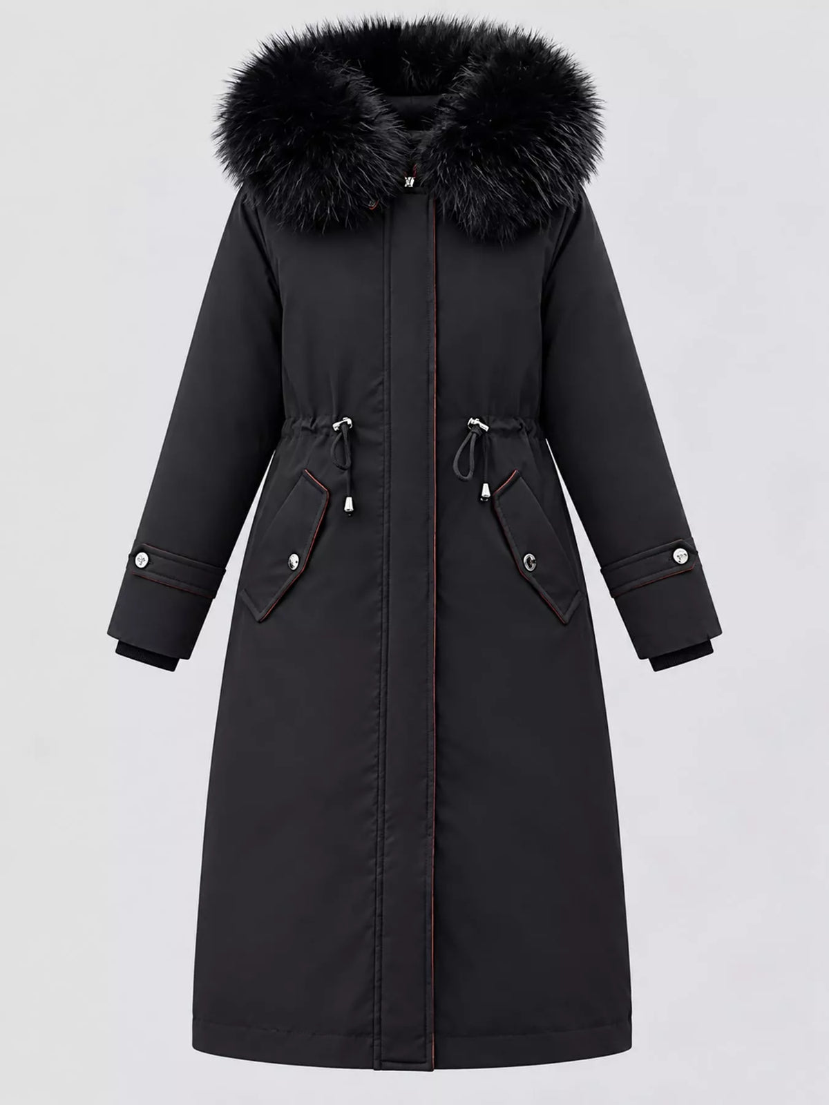 Faux-fur-trim parka, black hanging front