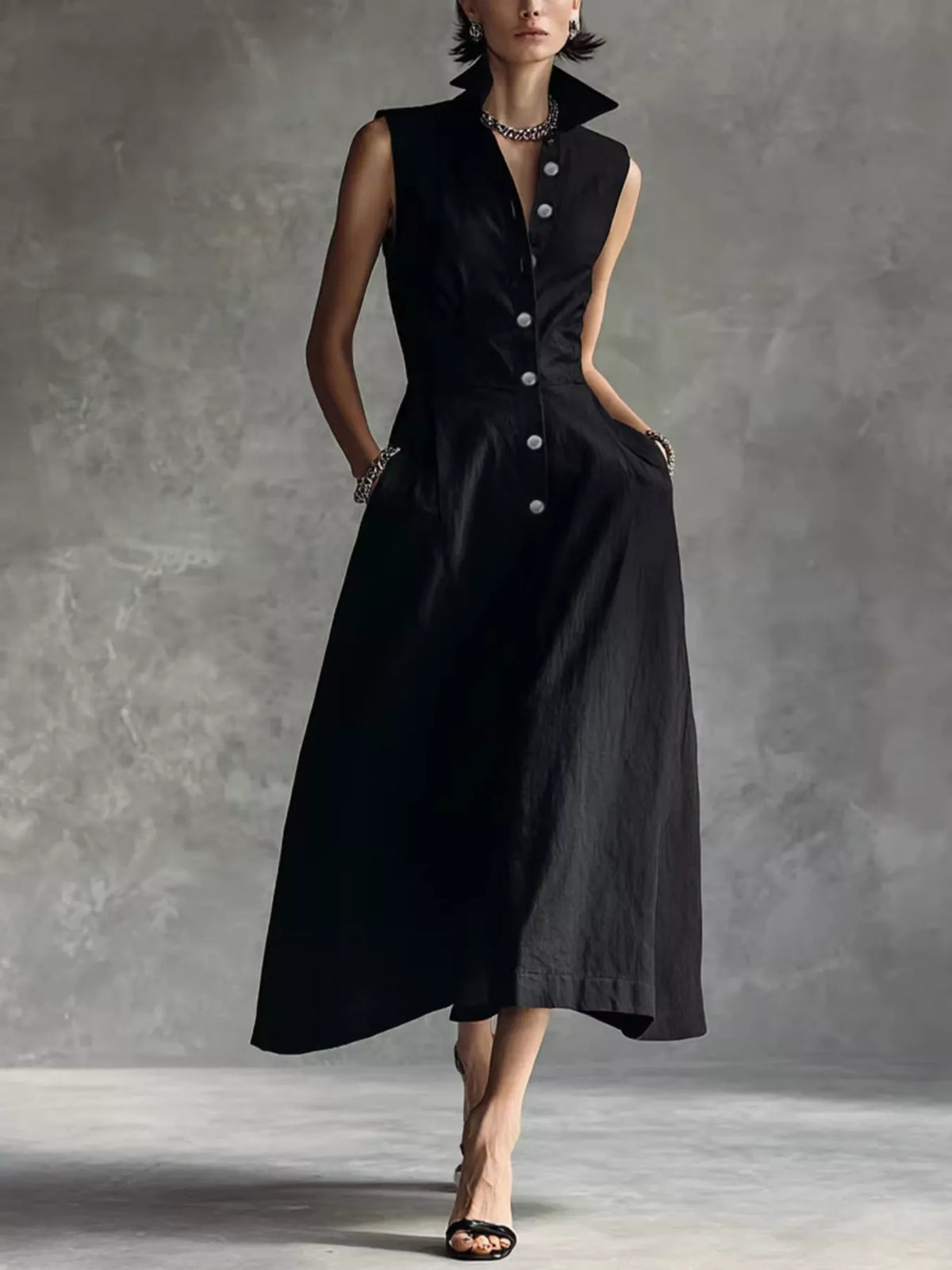 Black button-down midi shirt dress