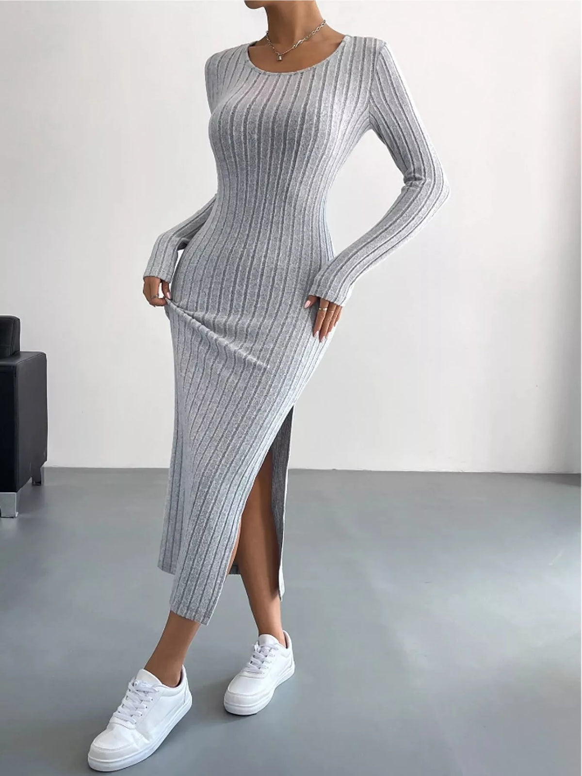 Light gray ribbed long sleeve knit dress with side slit