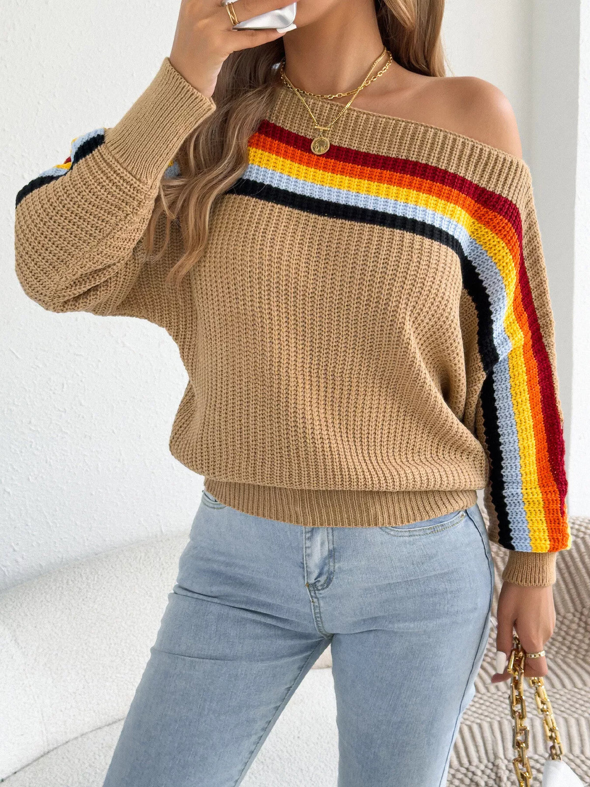 Striped Knit Boat Neck Sweater in camel, front view