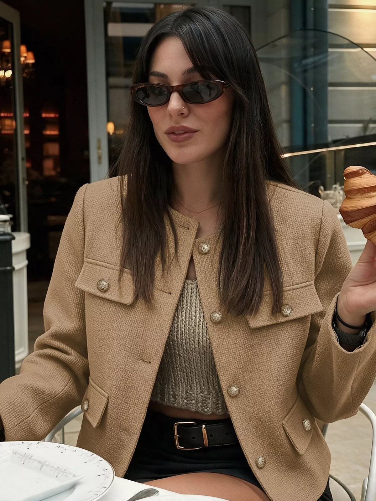 Tan textured cropped jacket with gold-tone buttons, button-front view