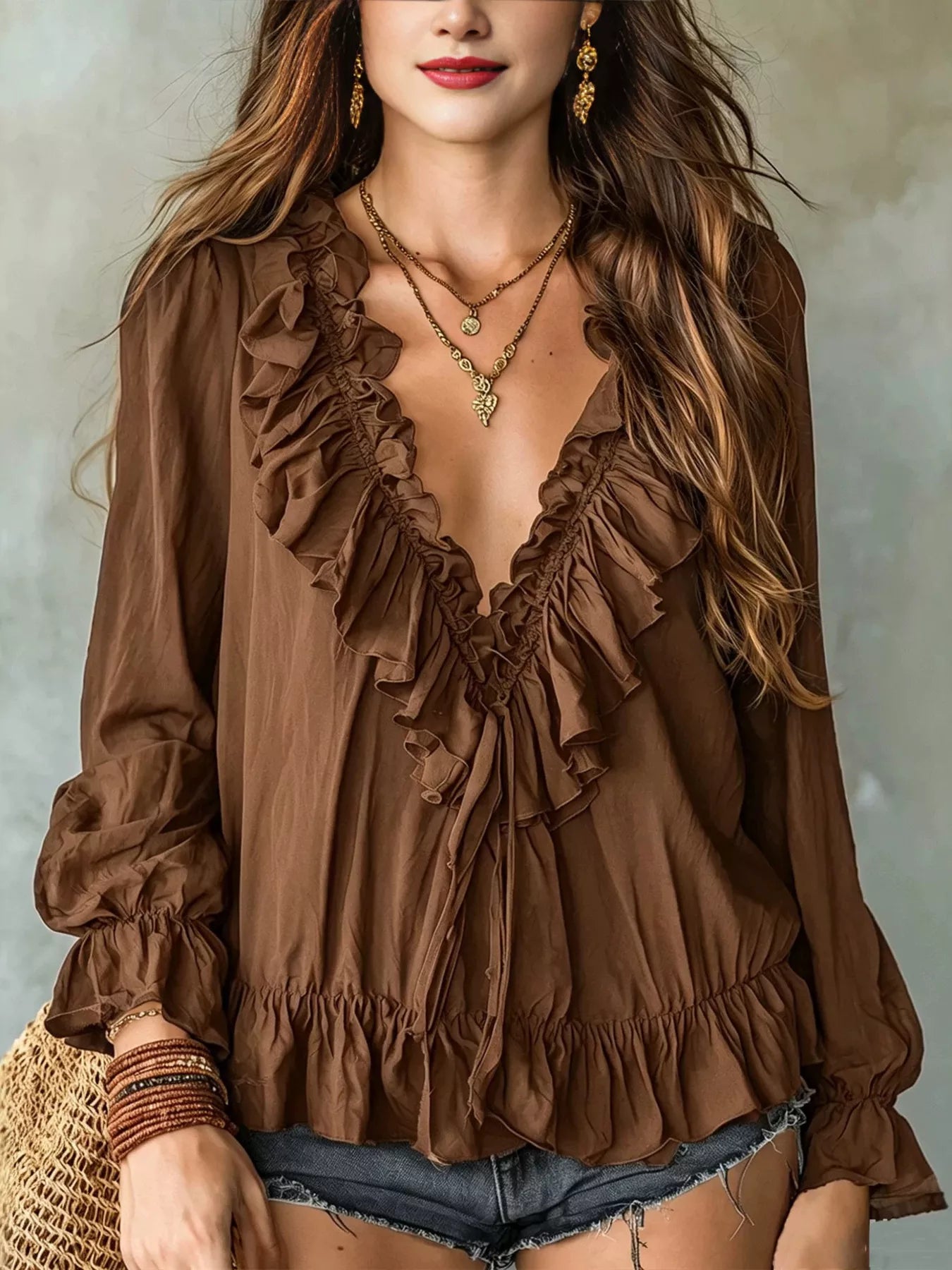 Trendsi Ruffle V-Neck Long Sleeve Blouse -