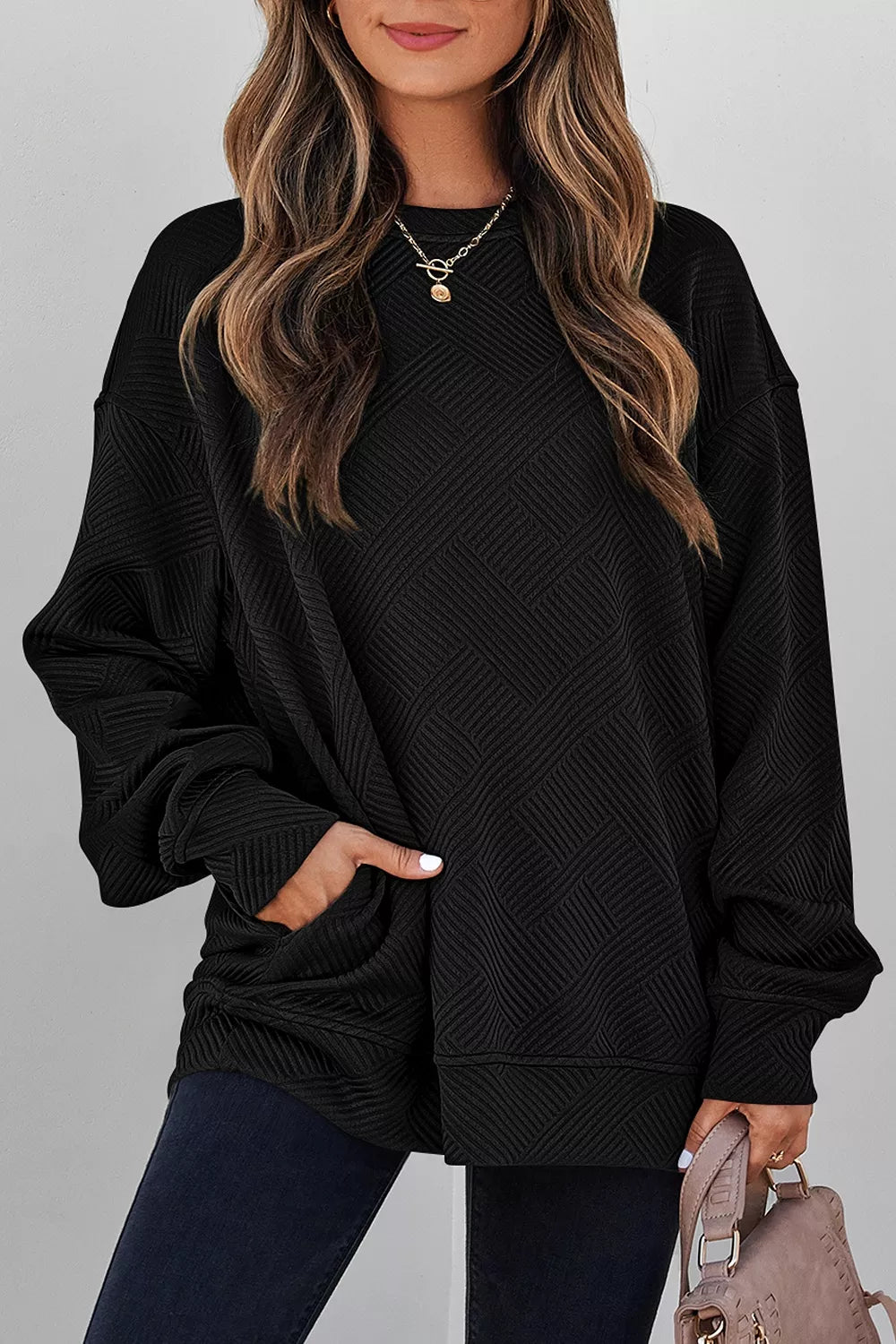 Trendsi Solid Color Textured Round Neck Drop Shoulder Pullover Sweatshirt -