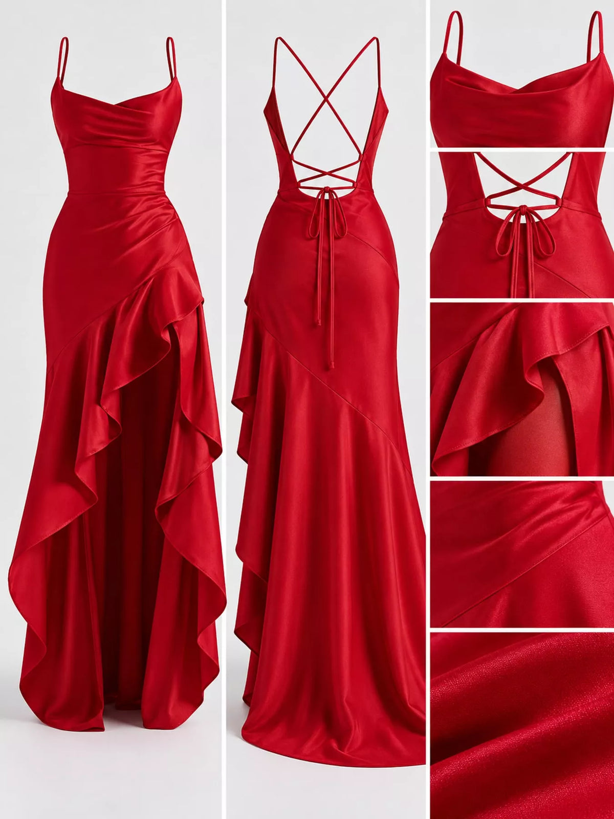 Red high-low ruffle-hem evening dress, bodice hem and back details