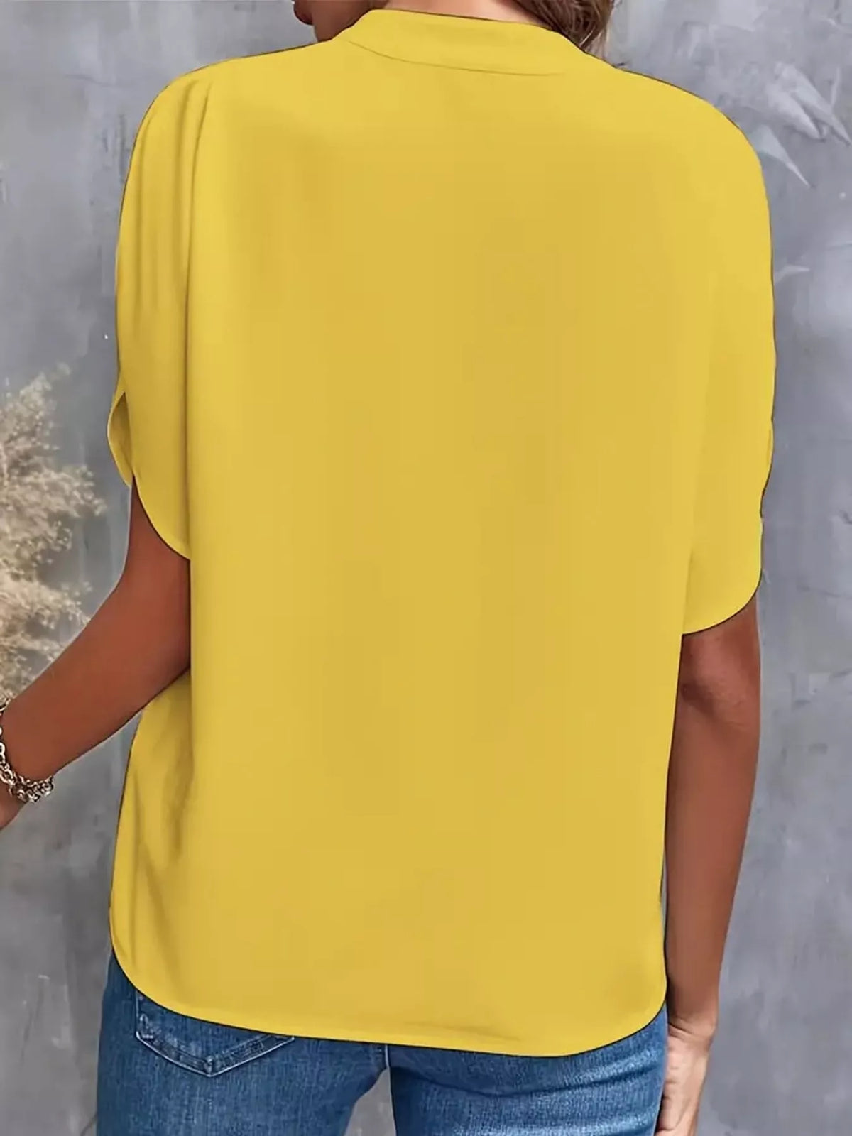 Women's Notched Slit Short Sleeve Blouse in yellow — back view