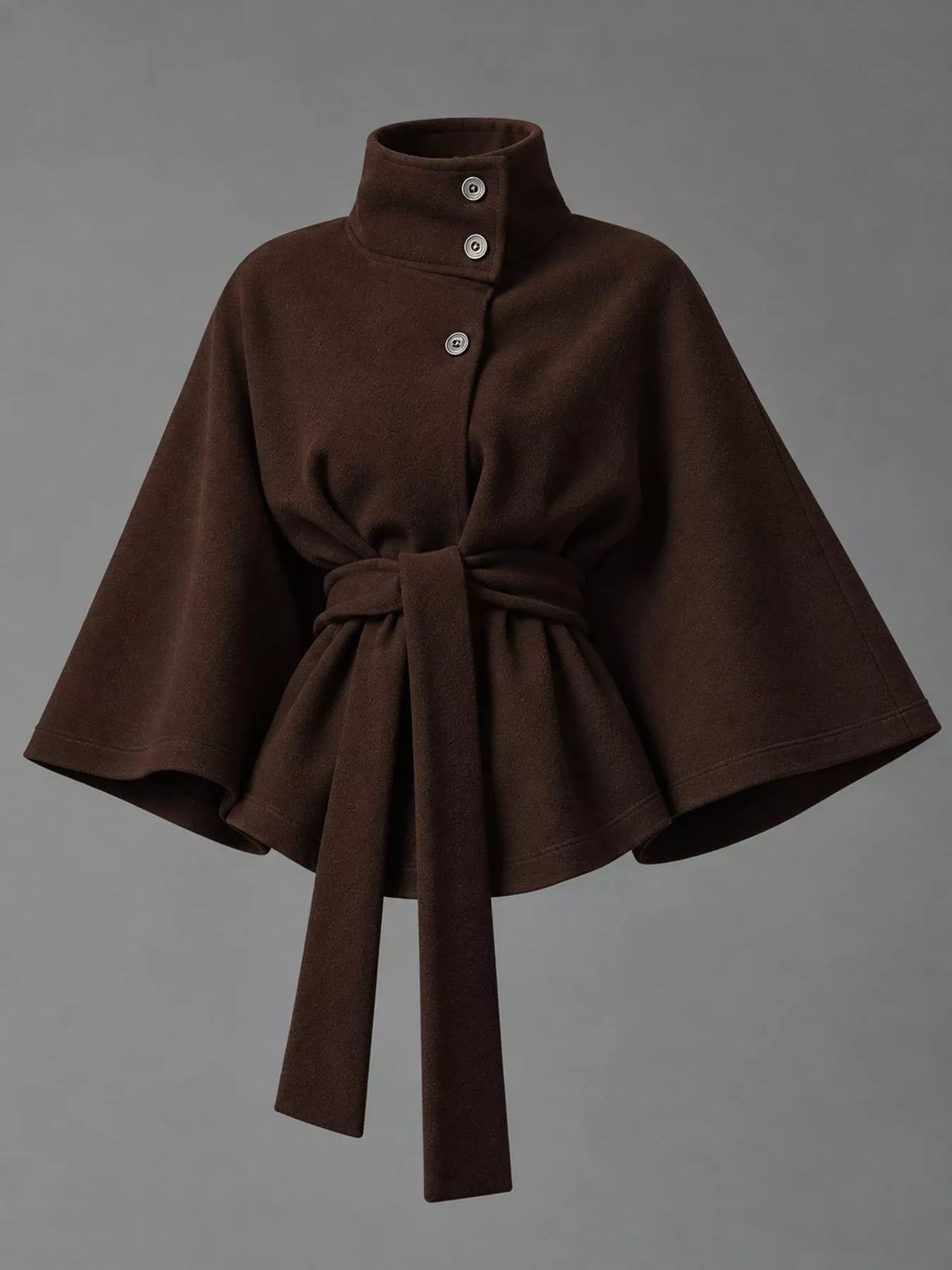Brown belted button-front cape — front view