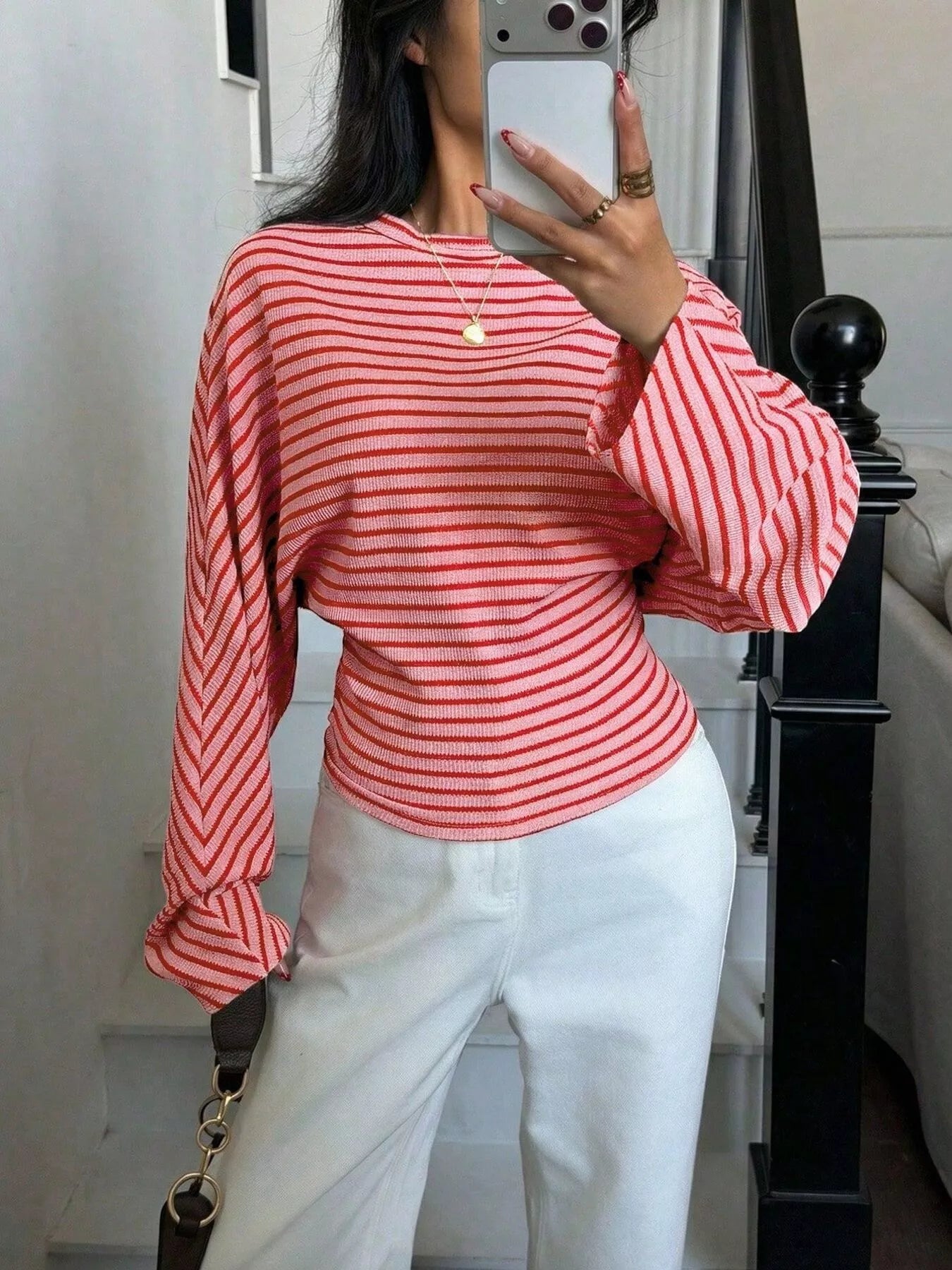 Trendsi Casual Striped Batwing Sleeve T-Shirt -