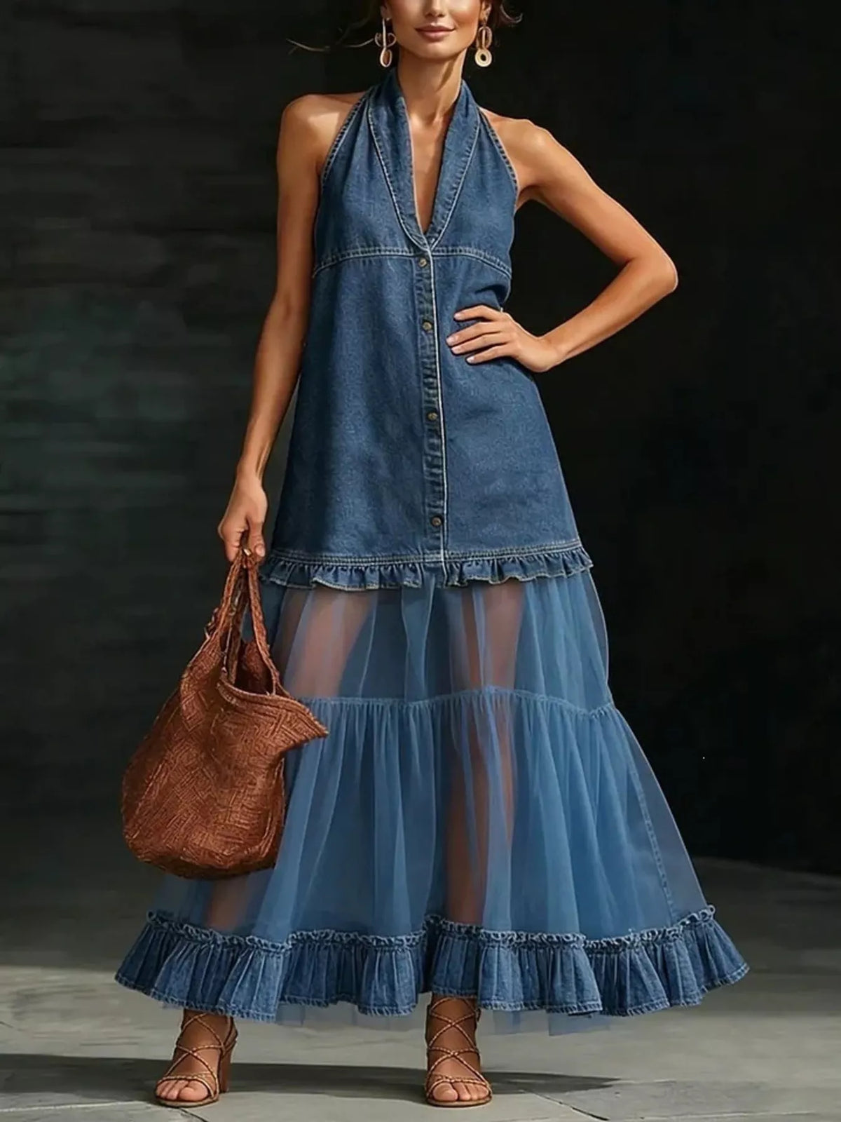 Blue halter neck dress with tulle ruffle hem — front view