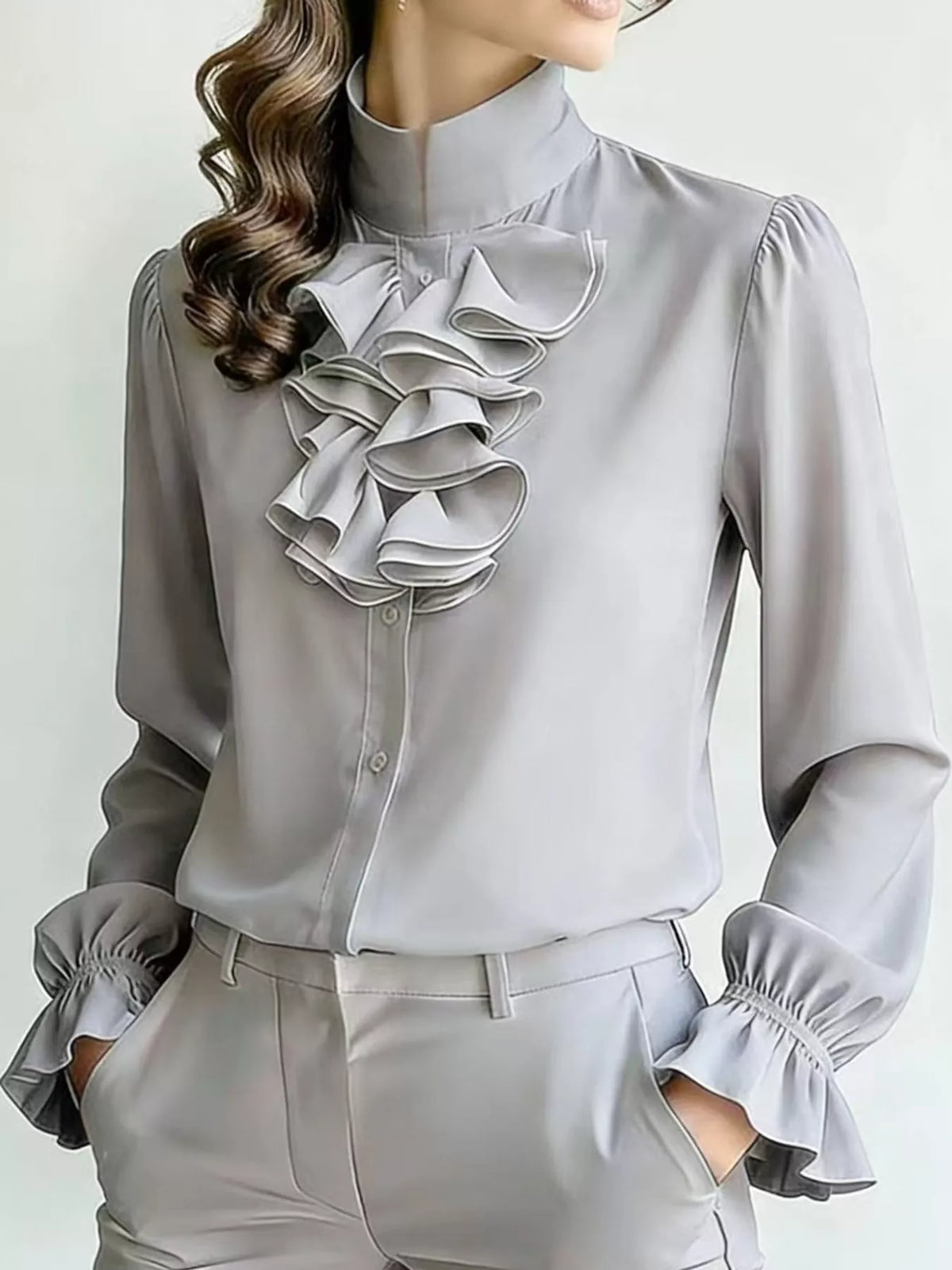 Ruffled Stand-Collar Blouse with Long Lantern Sleeves, front view